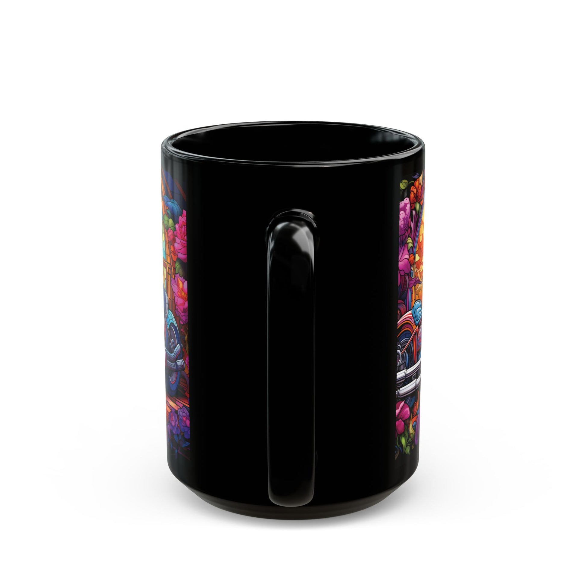 Motorcycle Stained Glass Black Mug — Colorful Cruiser Bike Coffee Cup (15oz)