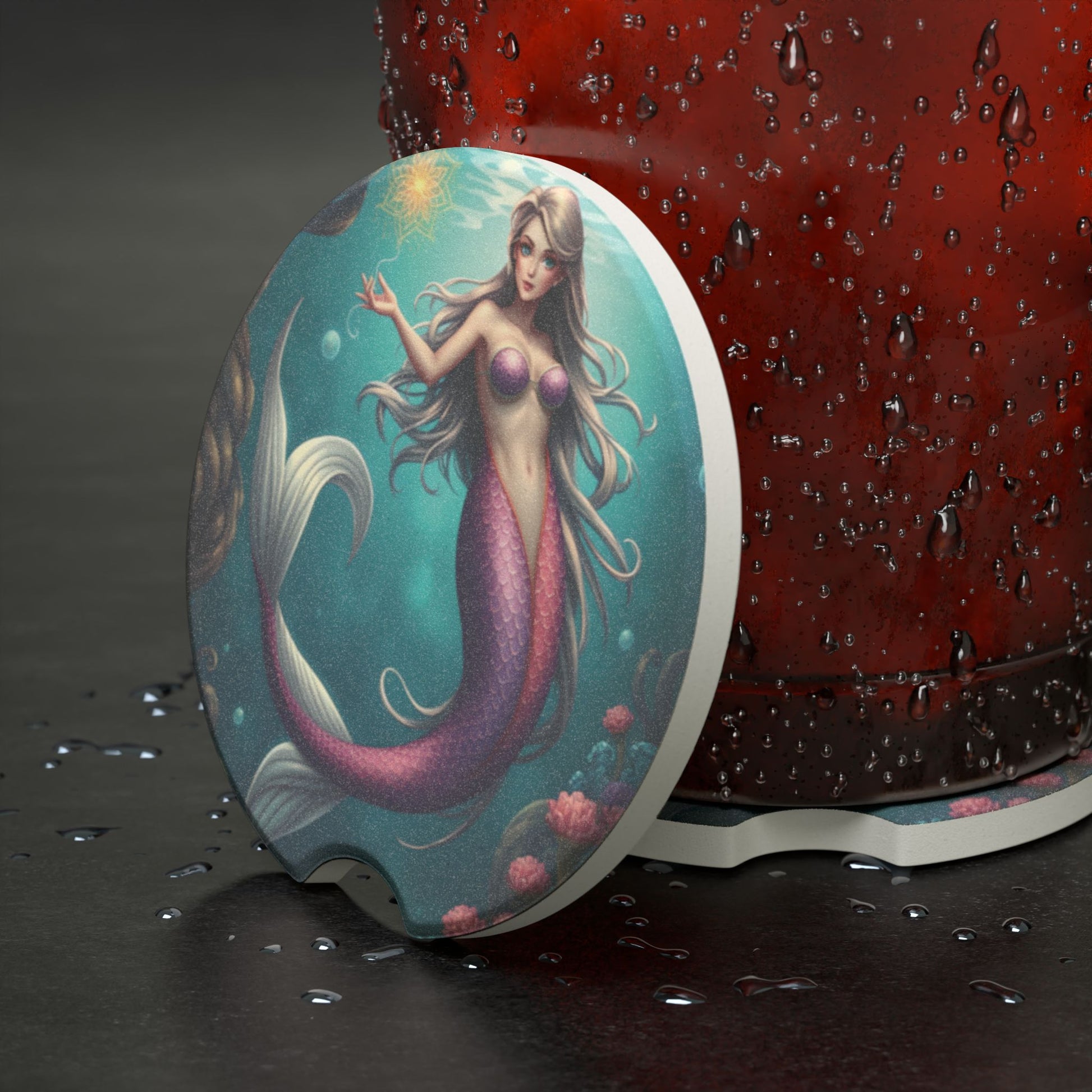 Mermaid Soapstone Car Coaster — Round Absorbent Cup Holder Insert
