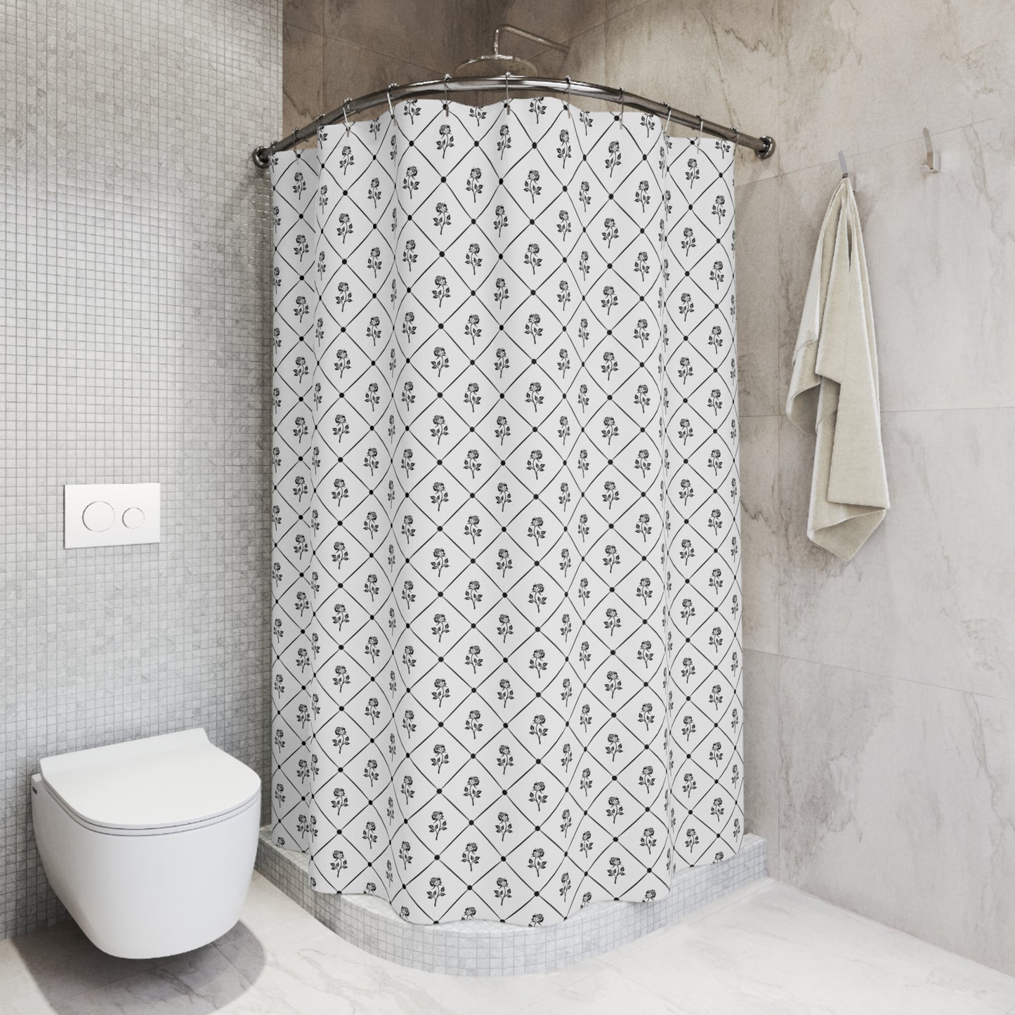 Floral Trellis Shower Curtain — Black & White Rose Pattern