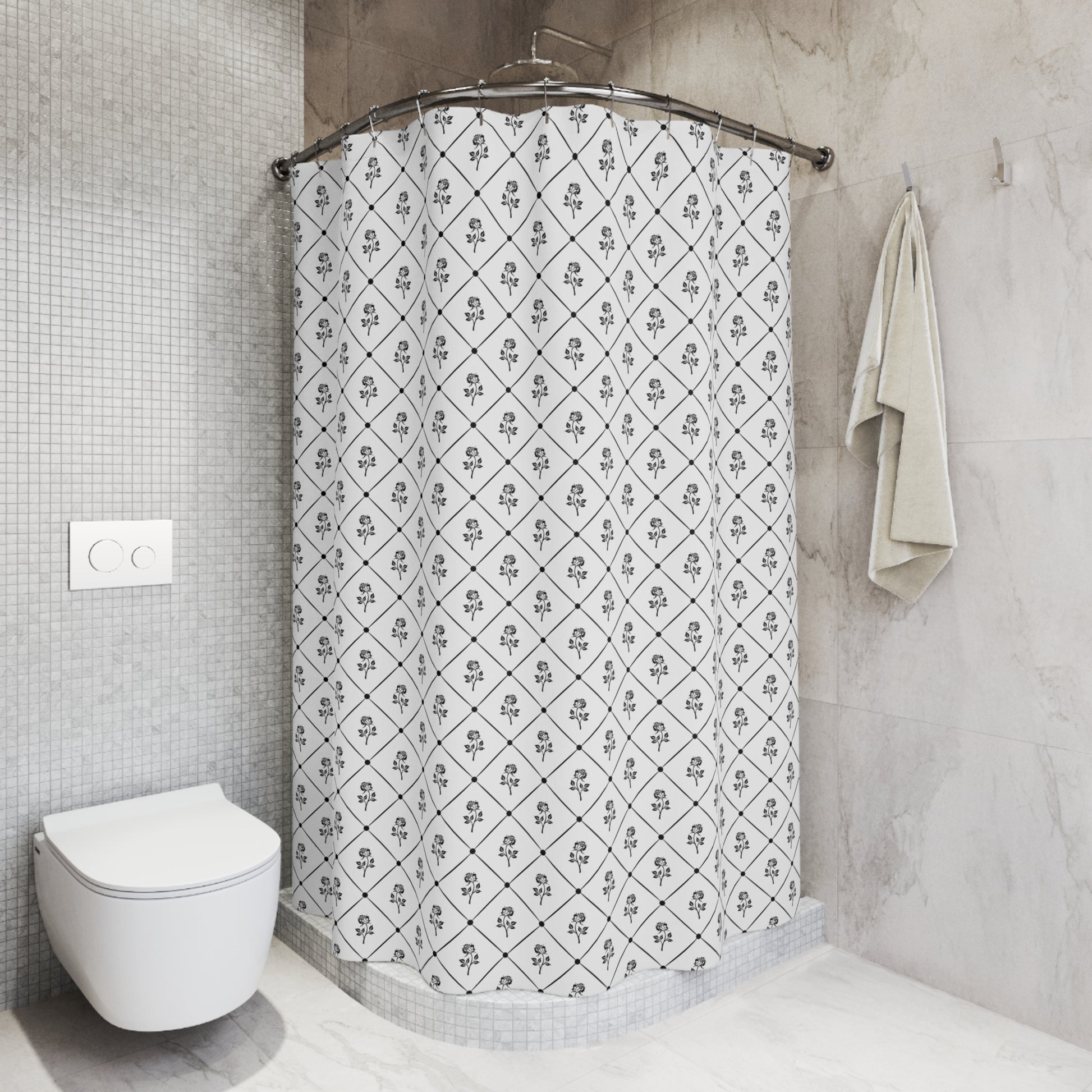 Floral Trellis Shower Curtain — Black & White Rose Pattern