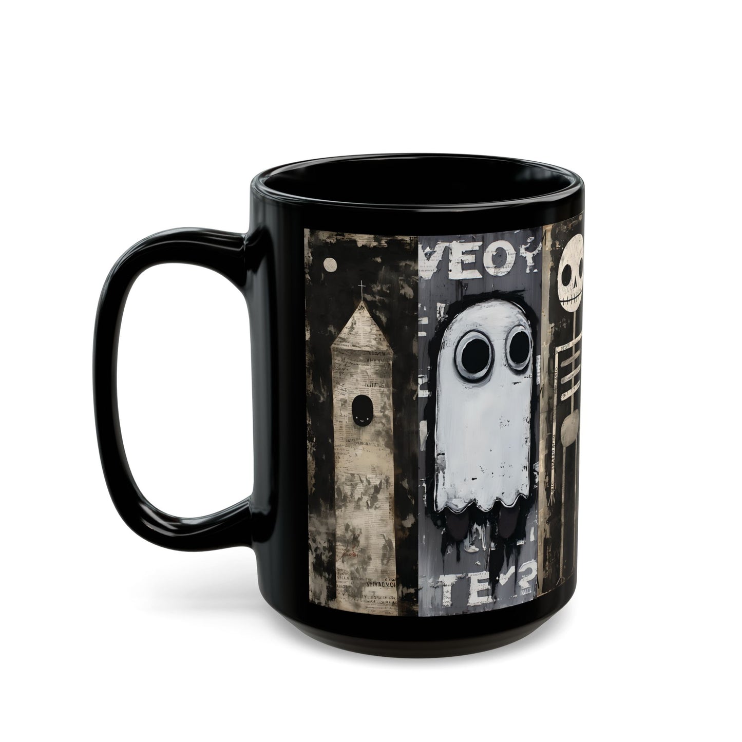 Gothic Halloween Character Black Mug — Spooky Skull, Ghost & Girl Art (15oz)