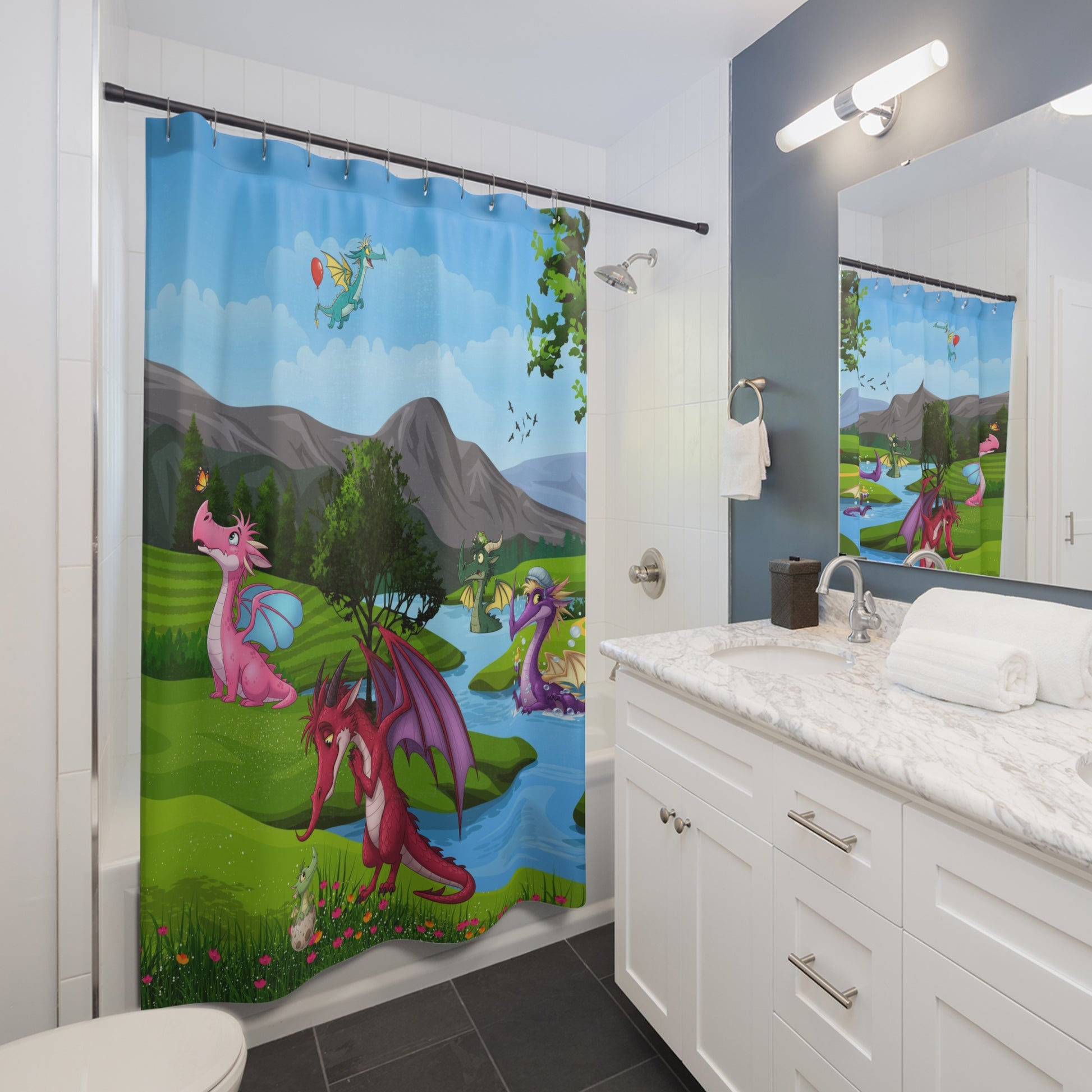 Dragon Meadow Shower Curtain — Whimsical Kids Fantasy Bathroom Decor