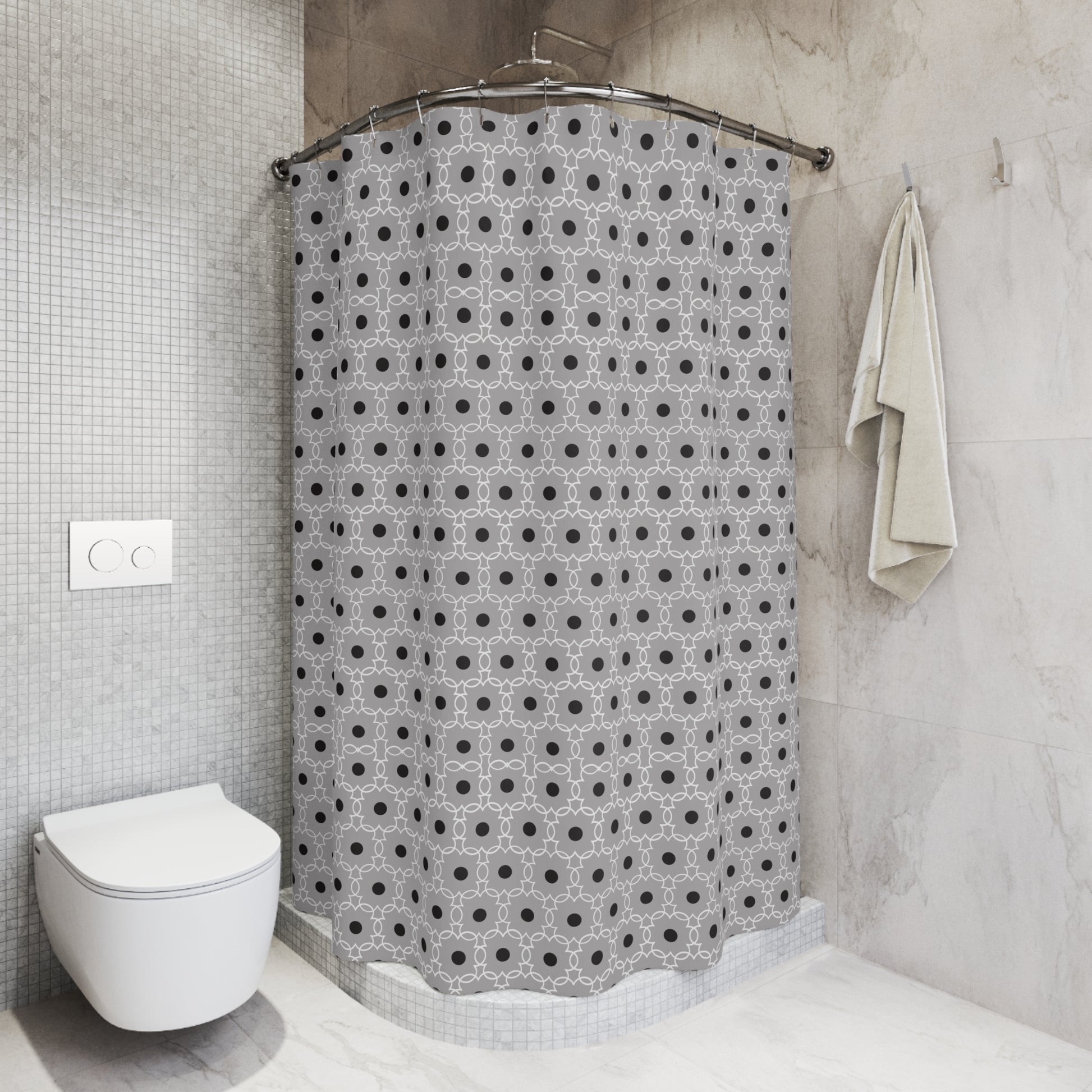 Gray Geometric Dot Shower Curtain — Modern Minimalist Bathroom Decor