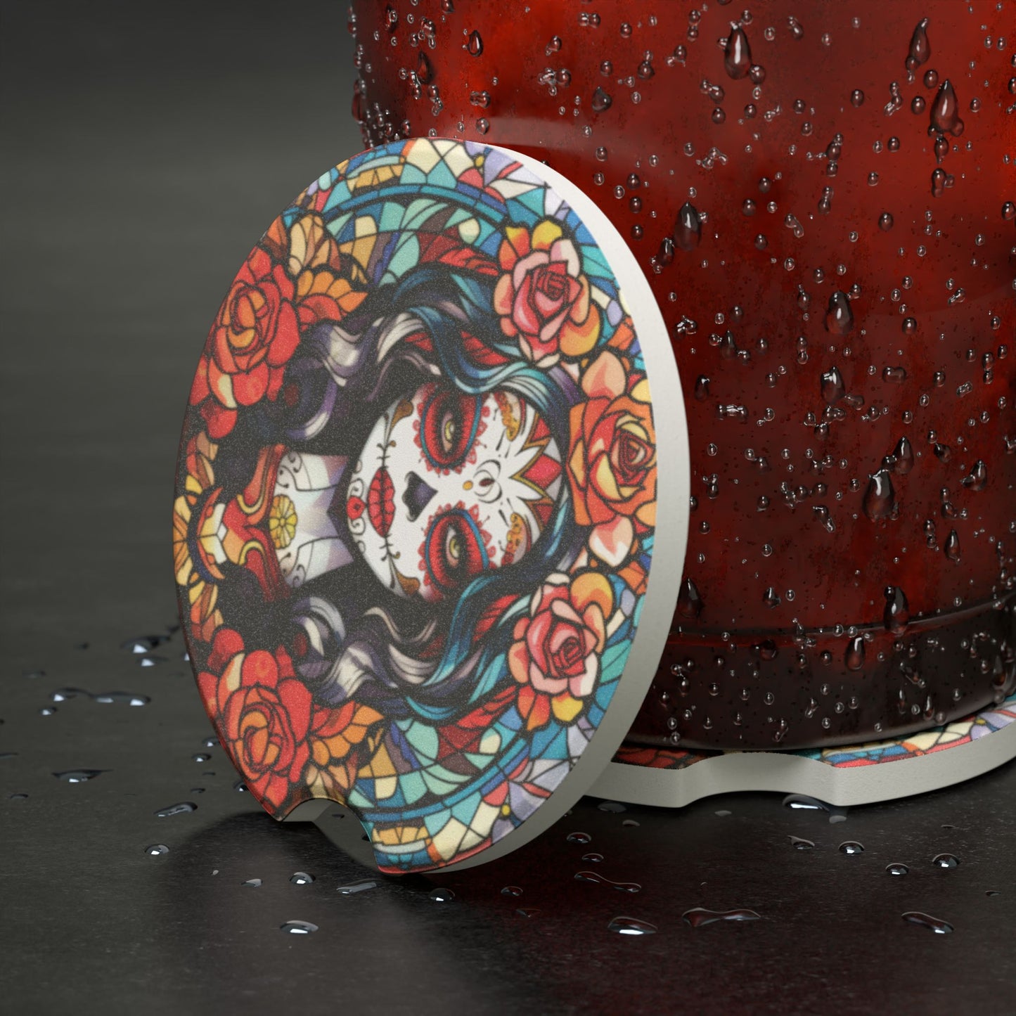 Dia de los Muertos Sugar Skull Car Coaster — Floral Stained-Glass Soapstone Drink Coaster