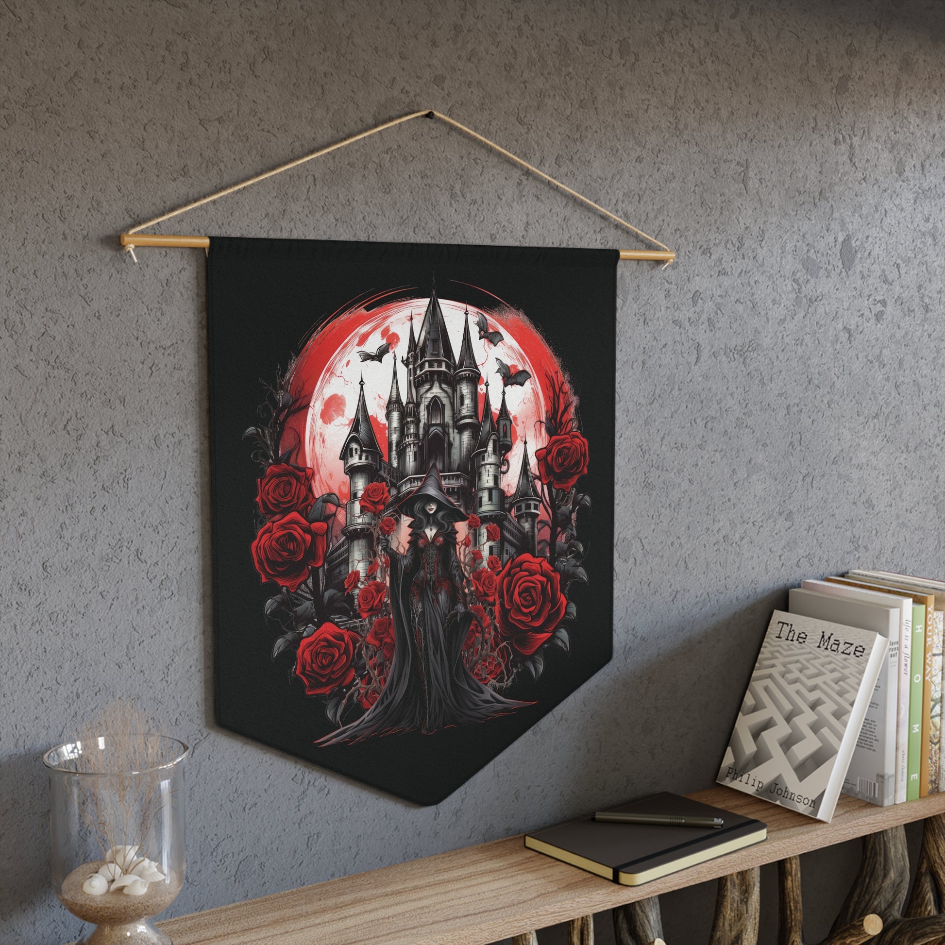 Gothic Castle Pennant — Dark Rose Wall Banner With Witchy Woman In Black