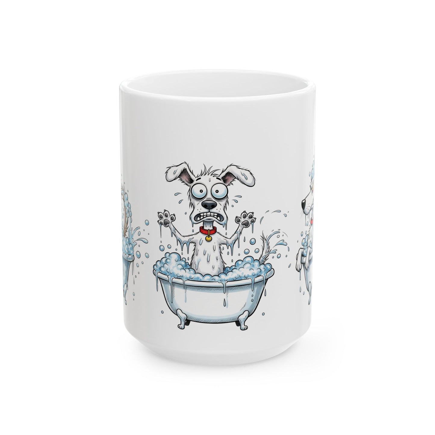 Funny Dog in Bathtub Ceramic Mug — Cute Cartoon Bath Time Coffee Cup (15oz)