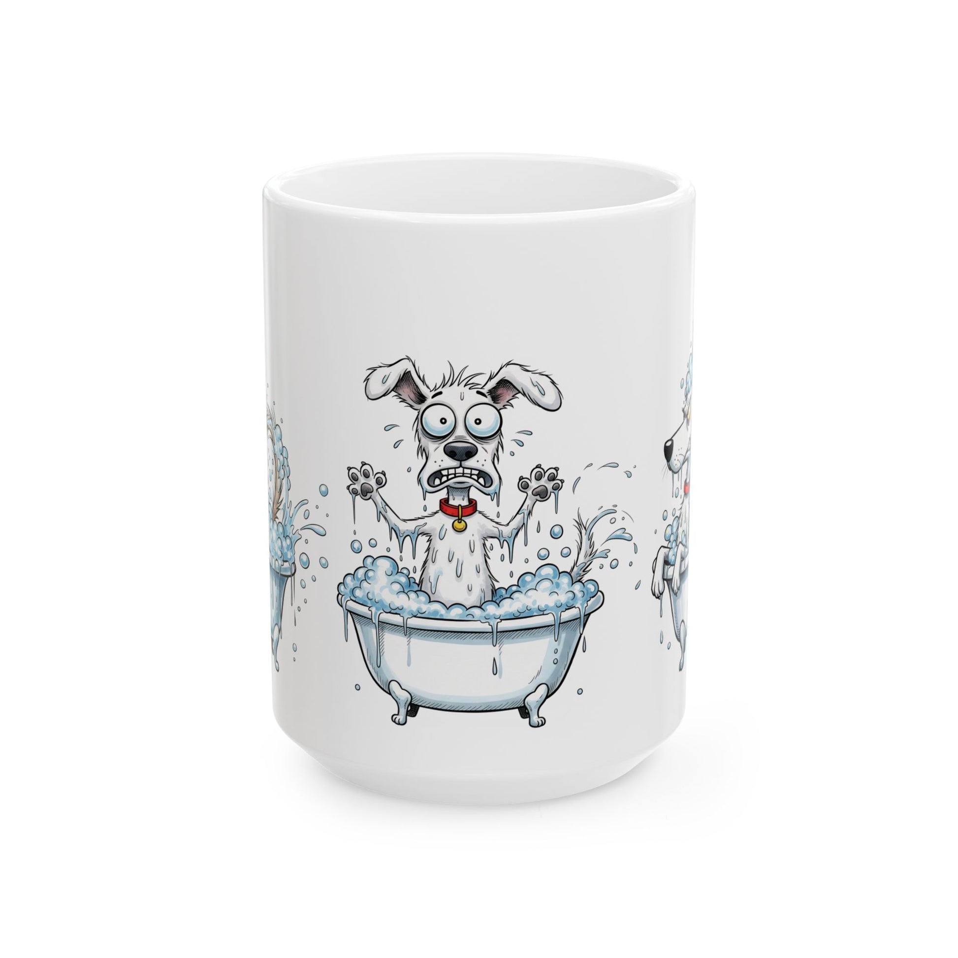 Funny Dog in Bathtub Ceramic Mug — Cute Cartoon Bath Time Coffee Cup (15oz)