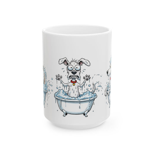 Funny Dog in Bathtub Ceramic Mug — Cute Cartoon Bath Time Coffee Cup (15oz)