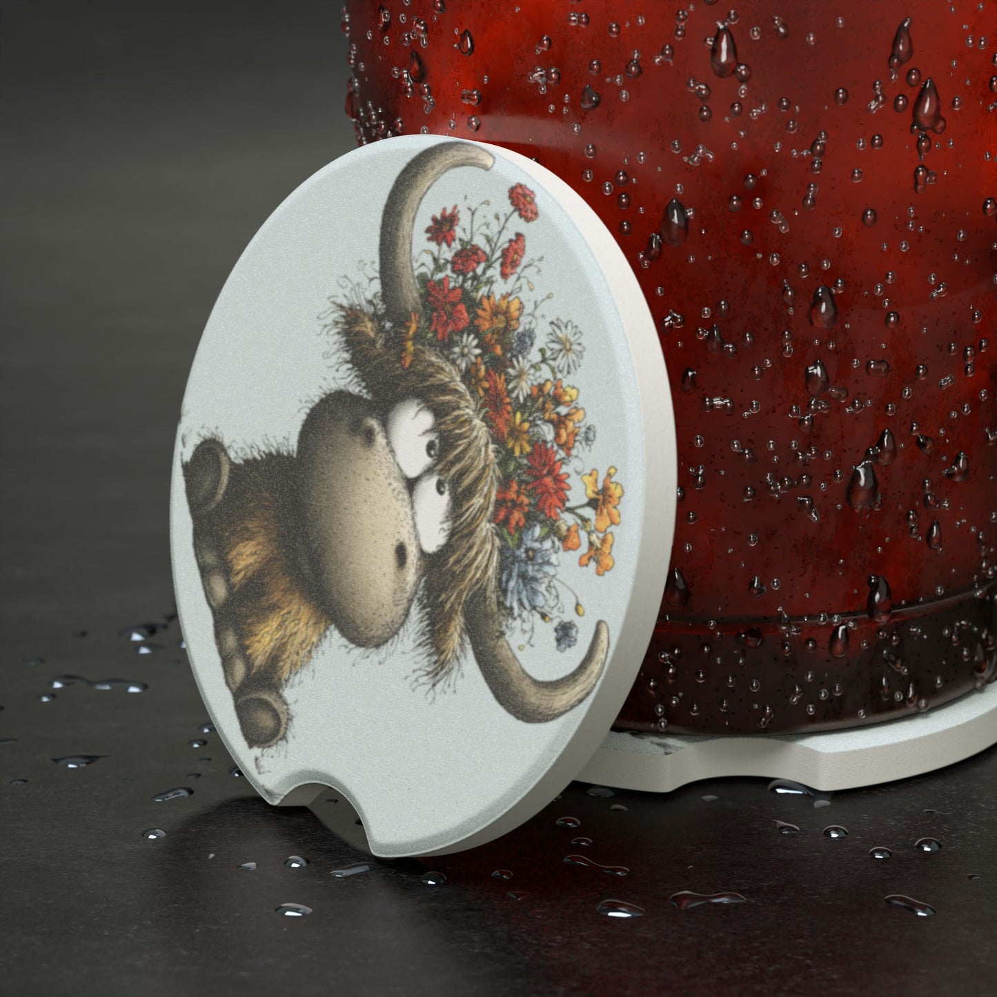 Cute Highland Cow Floral Soapstone Car Coaster