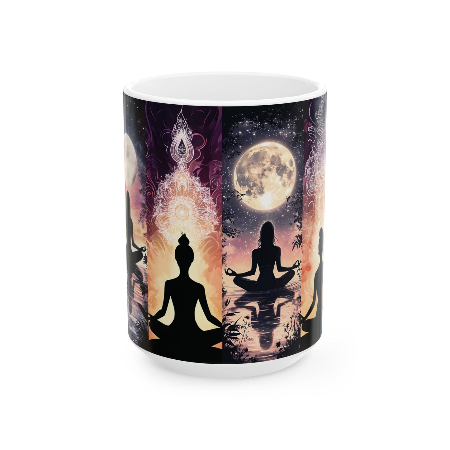 Meditation Moon Ceramic Mug — Yoga Silhouette, Spiritual & Mindfulness Coffee Cup (15oz)