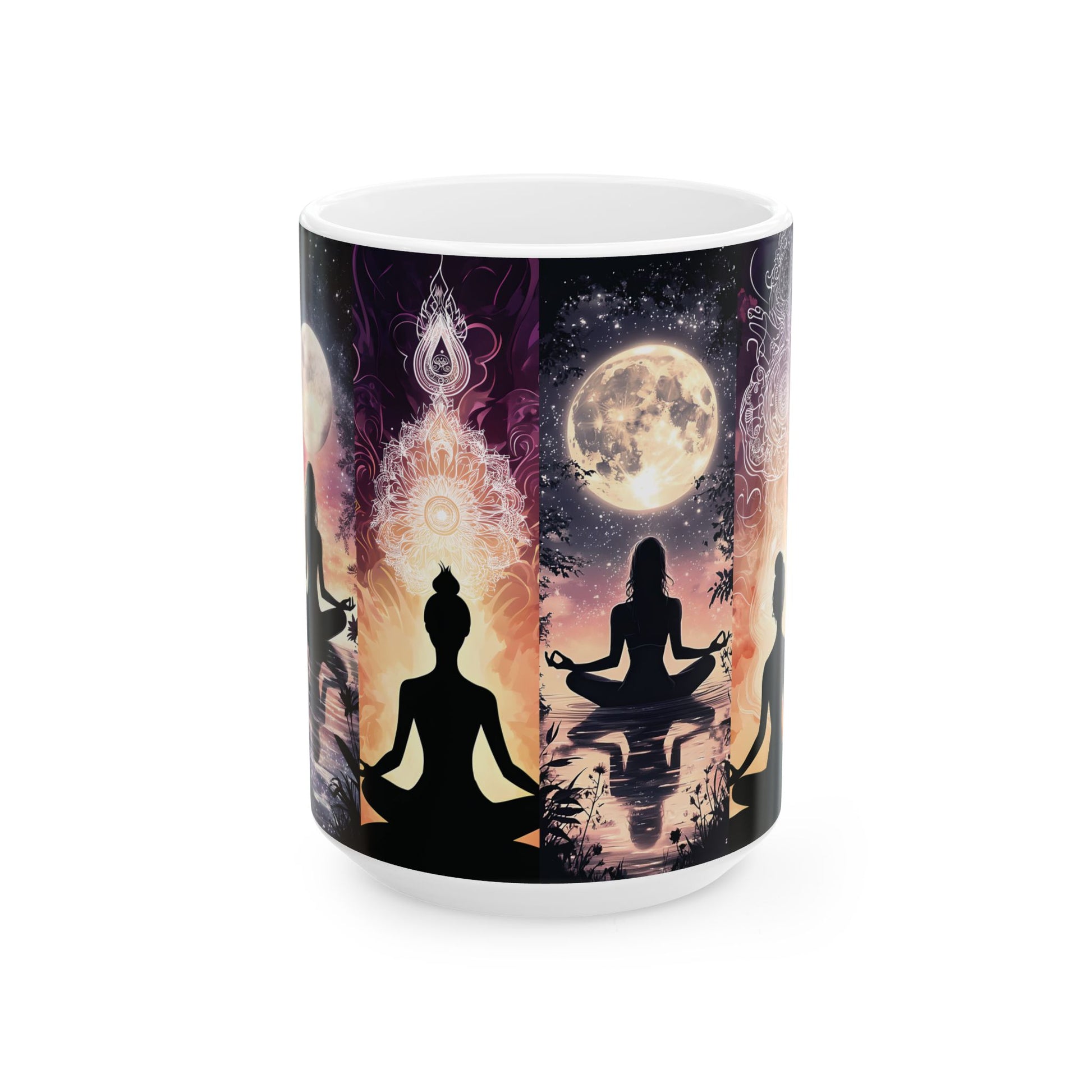 Meditation Moon Ceramic Mug — Yoga Silhouette, Spiritual & Mindfulness Coffee Cup (15oz)