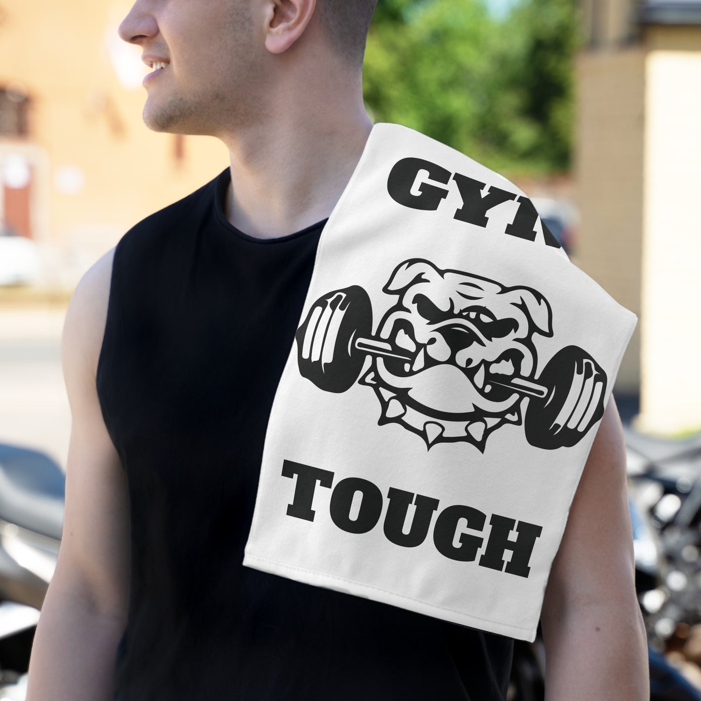 Gym Tough Gym Towel — 11x18 Workout Hand Towel with Bulldog Weightlifting Design
