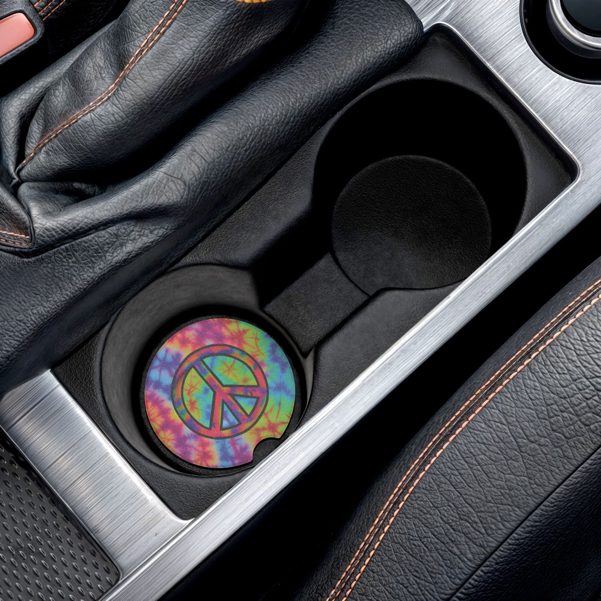 Tie-Dye Peace Sign Soapstone Car Coaster – Round Cupholder Drink Protector