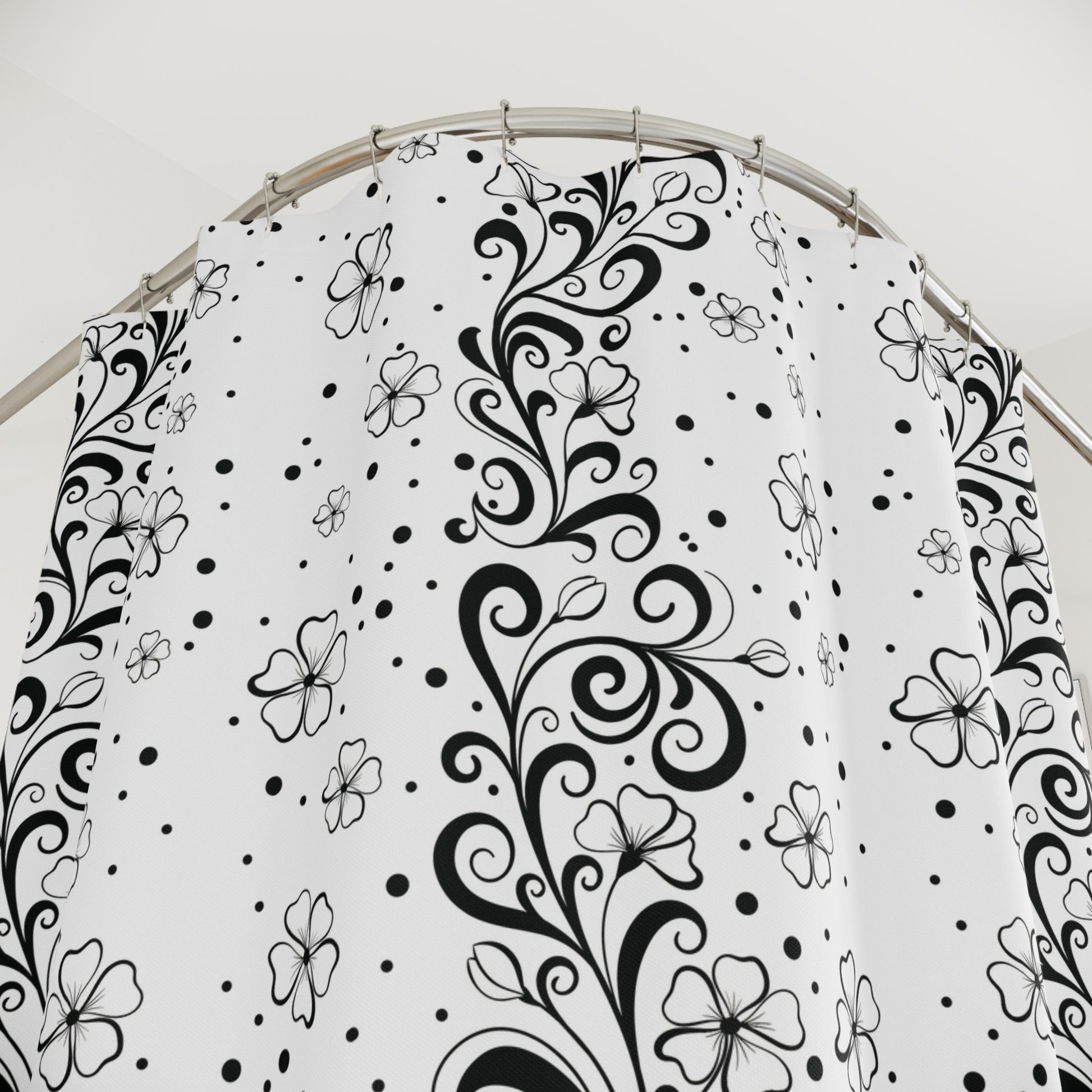 Floral Swirl Shower Curtain — Black & White Botanical Pattern