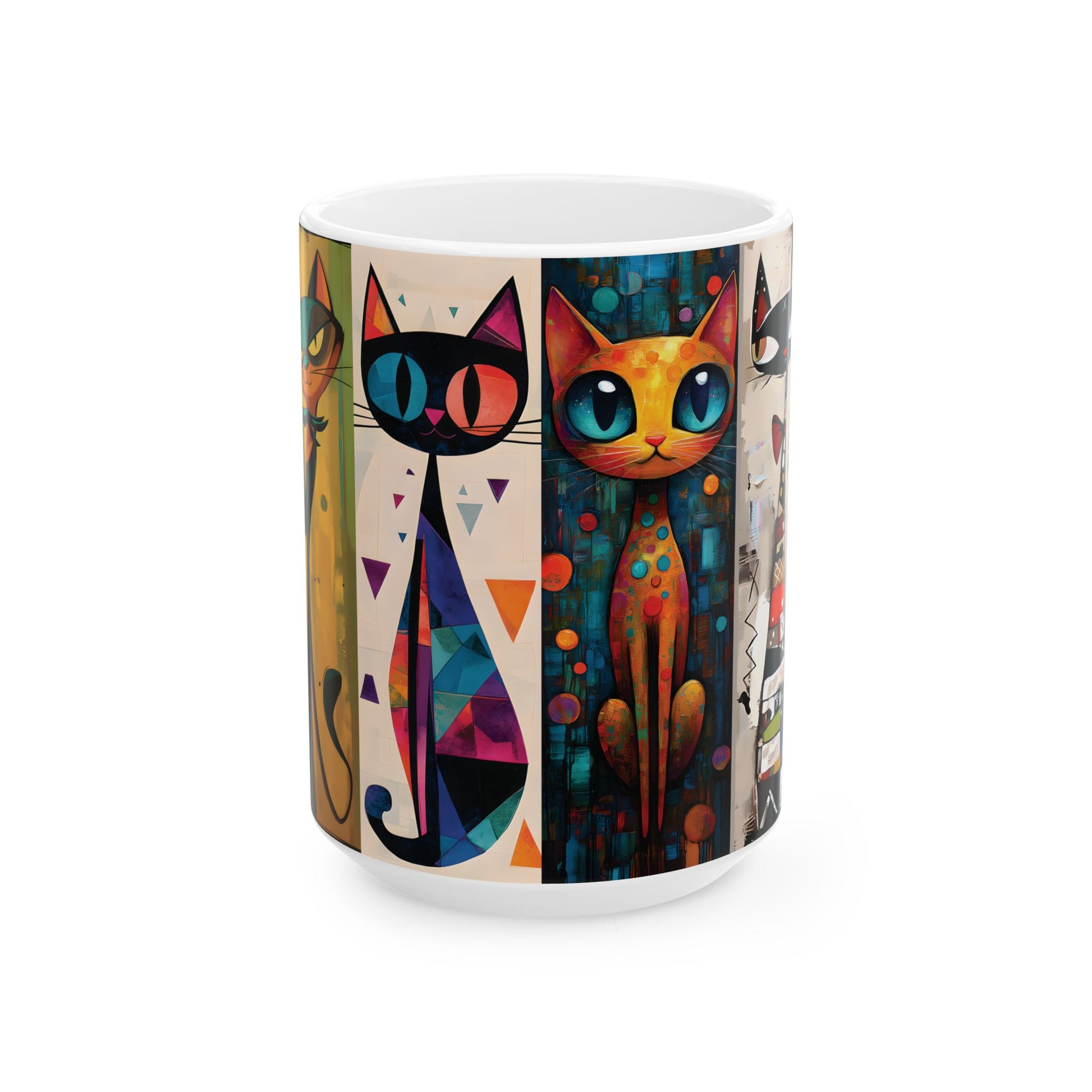 Colorful Artistic Cat Ceramic Mug (15oz) — Whimsical Geometric Feline Coffee Cup