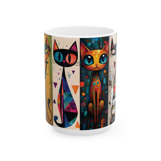 Colorful Artistic Cat Ceramic Mug (15oz) — Whimsical Geometric Feline Coffee Cup