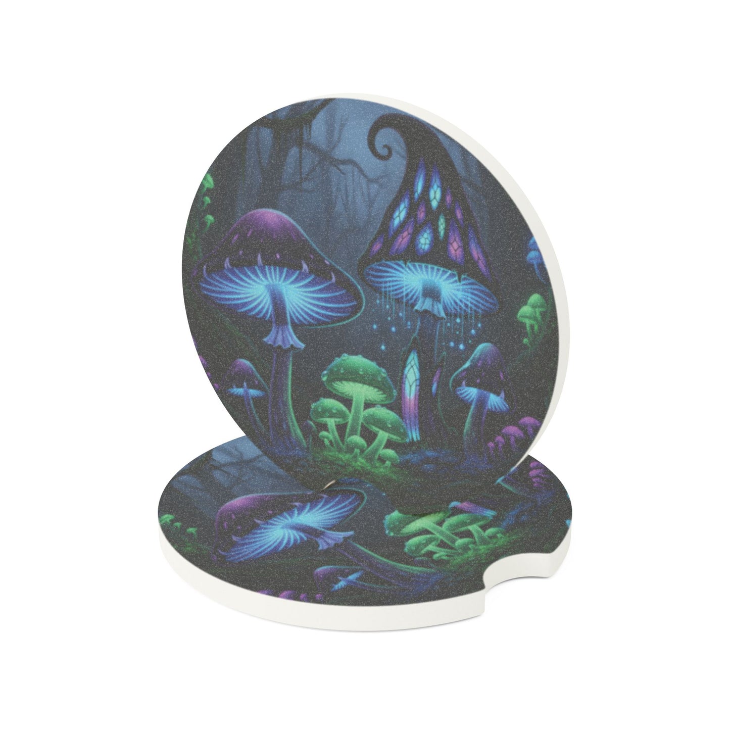 Mystical Glowing Mushrooms Soapstone Car Coaster — UV Neon Fungi Design