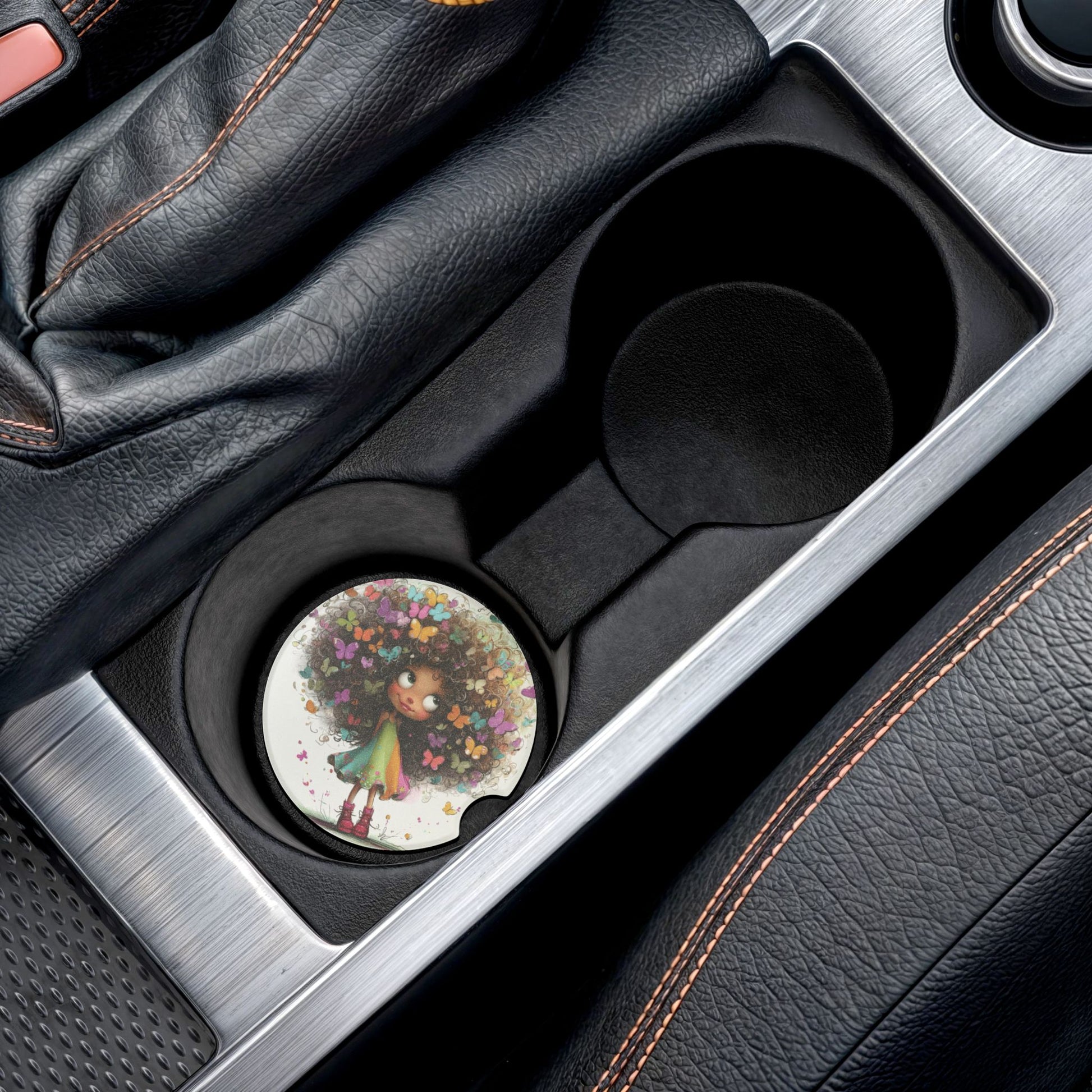 Car Coaster — Whimsical Girl with Butterfly Hair Soapstone Car Cup Holder Coaster