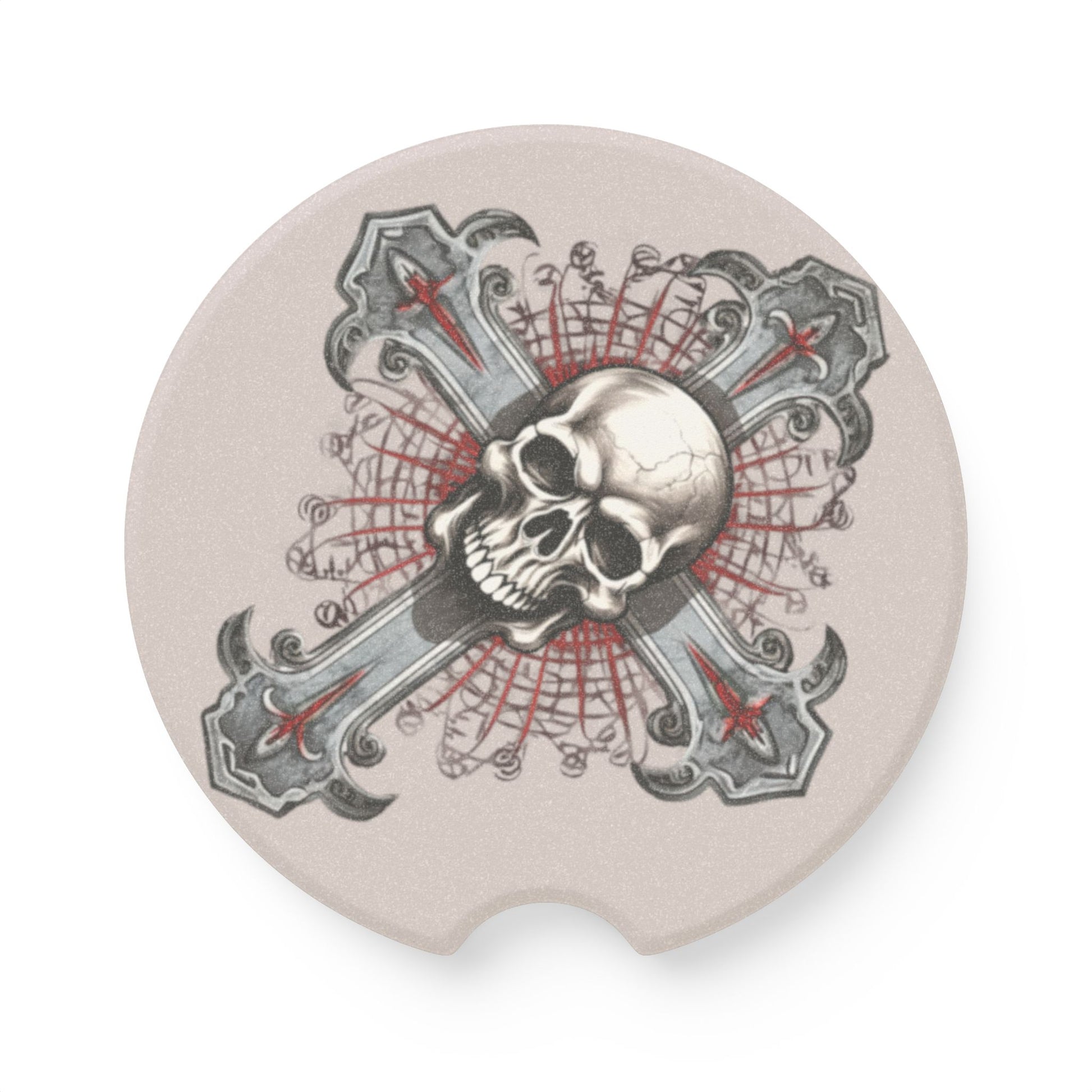 Skull & Cross Soapstone Car Coaster — Gothic Skull Drink Holder Protector