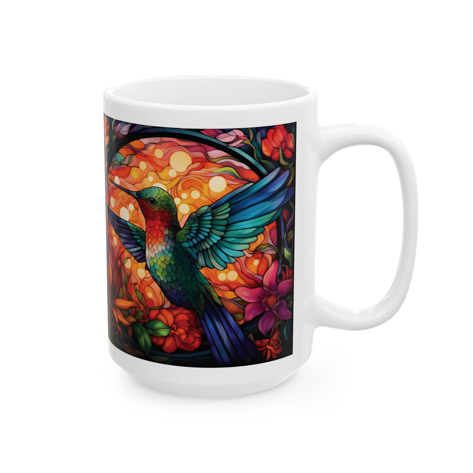 Floral Hummingbird Ceramic Mug — Vibrant Stained-Glass Nature Art (15oz)