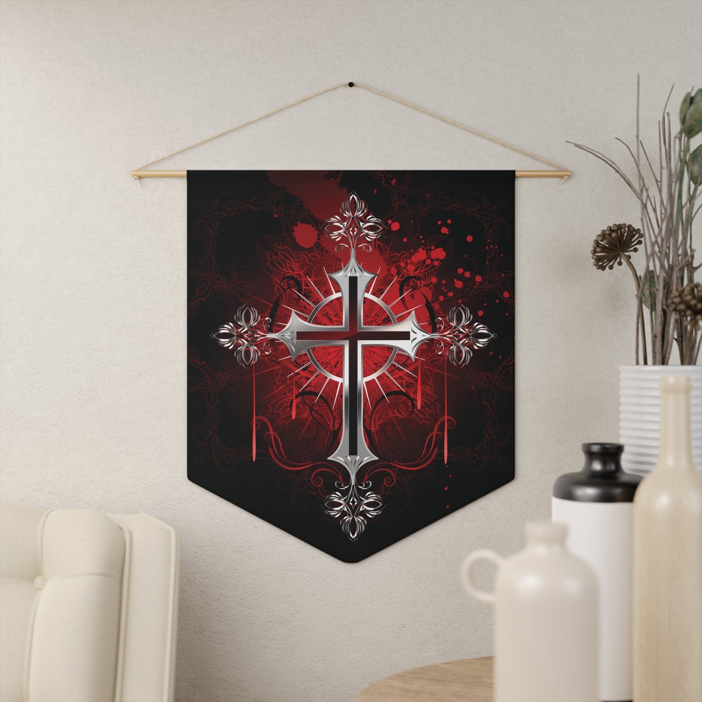 Gothic Cross Pennant Wall Banner — Red & Black Religious Decor