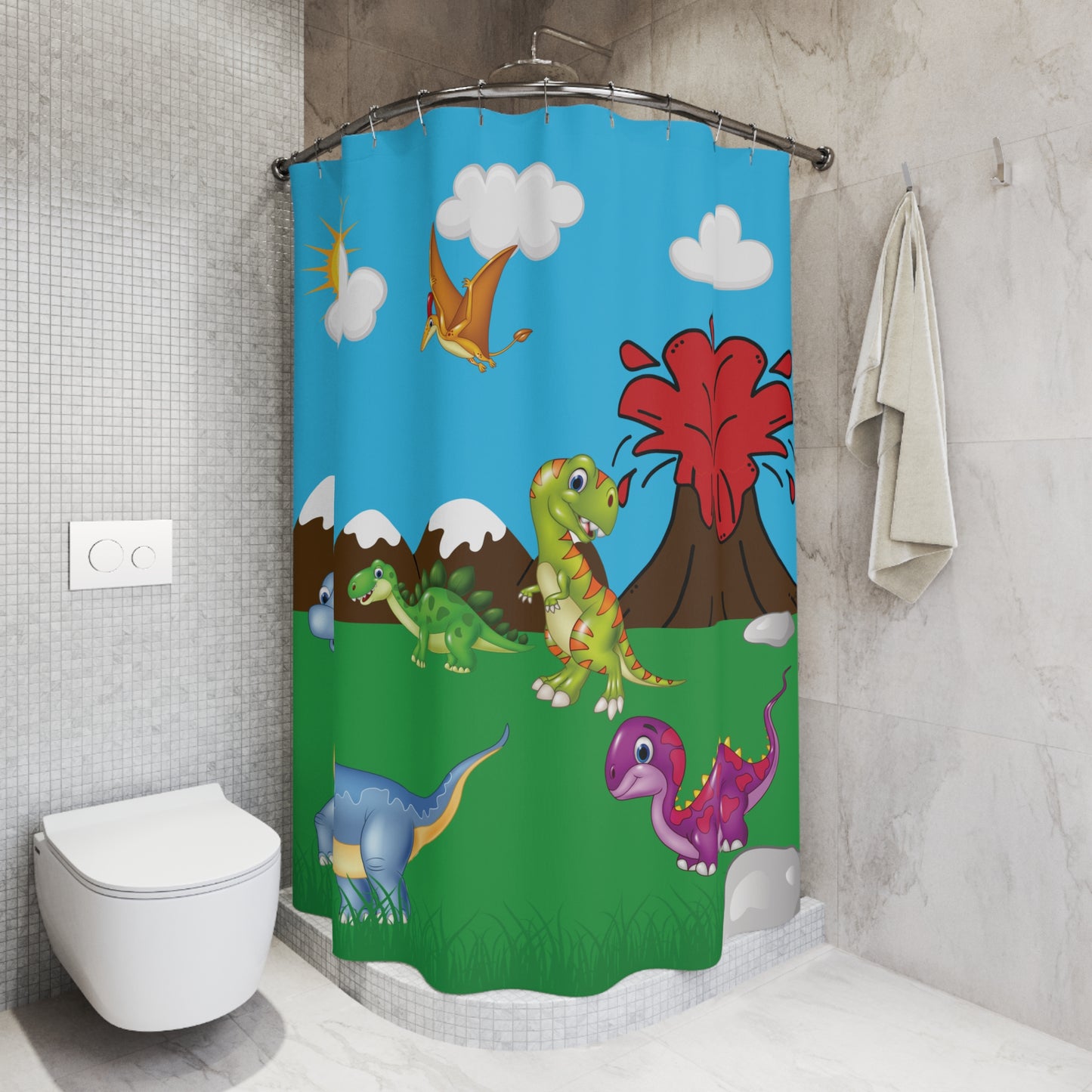 Dinosaur Kids Shower Curtain – Colorful Cartoon Dino Volcano Bath Decor