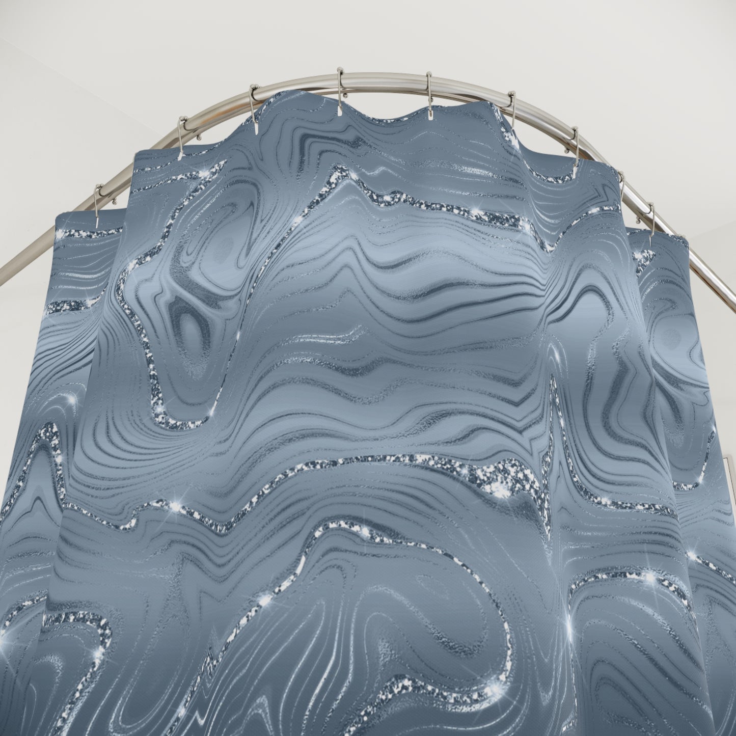 Silver Blue Marble Shower Curtain — Metallic Swirl Bathroom Decor