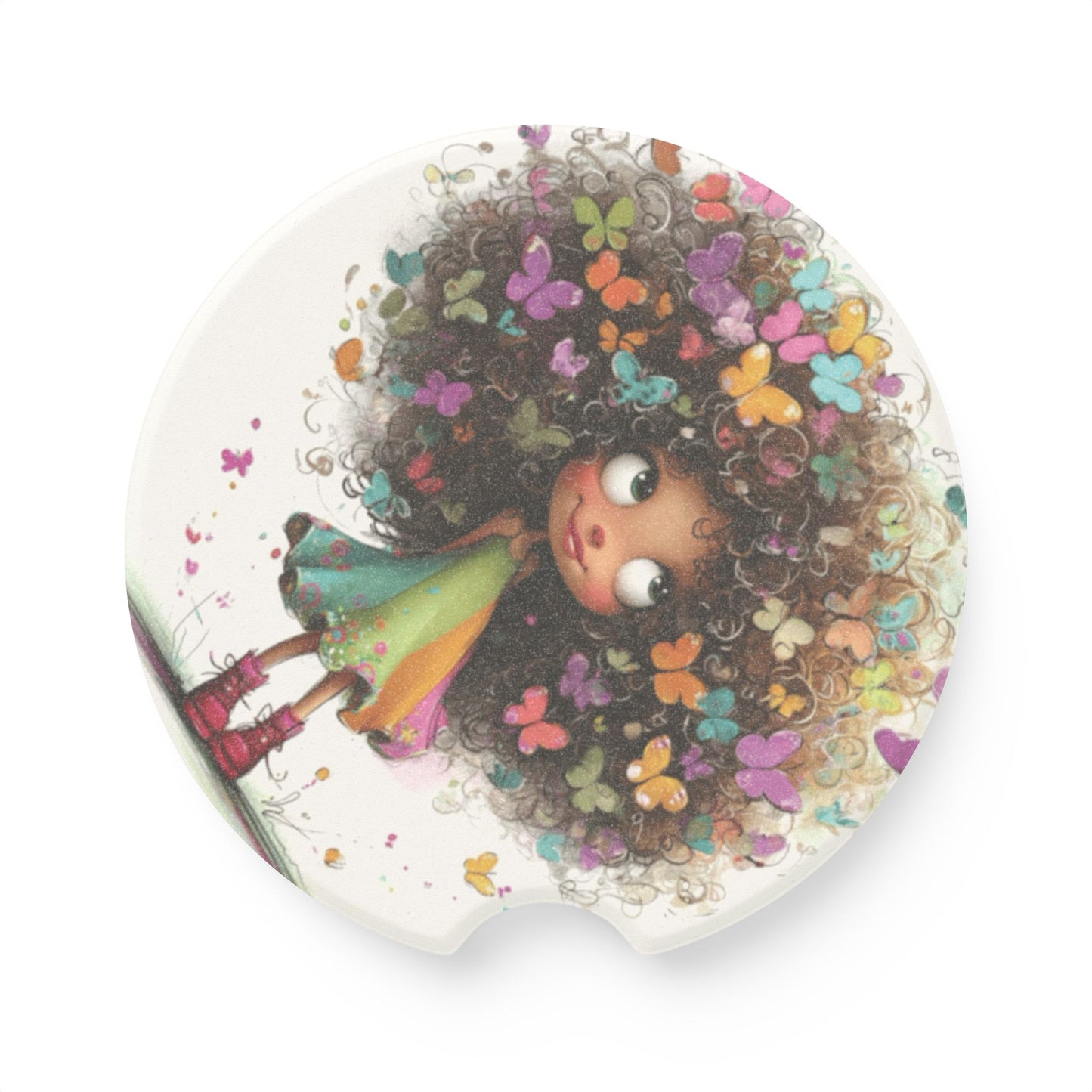 Car Coaster — Whimsical Girl with Butterfly Hair Soapstone Car Cup Holder Coaster