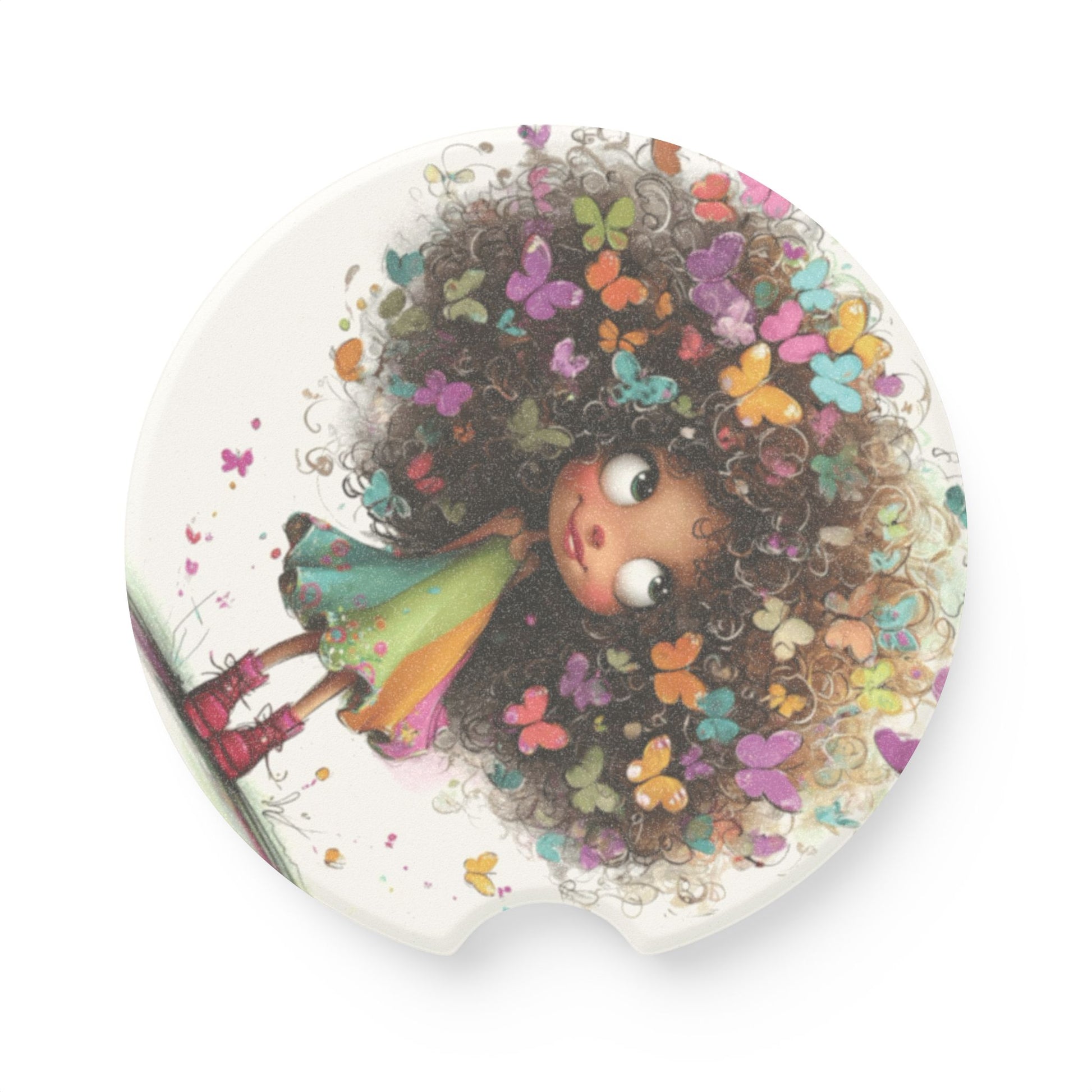 Car Coaster — Whimsical Girl with Butterfly Hair Soapstone Car Cup Holder Coaster
