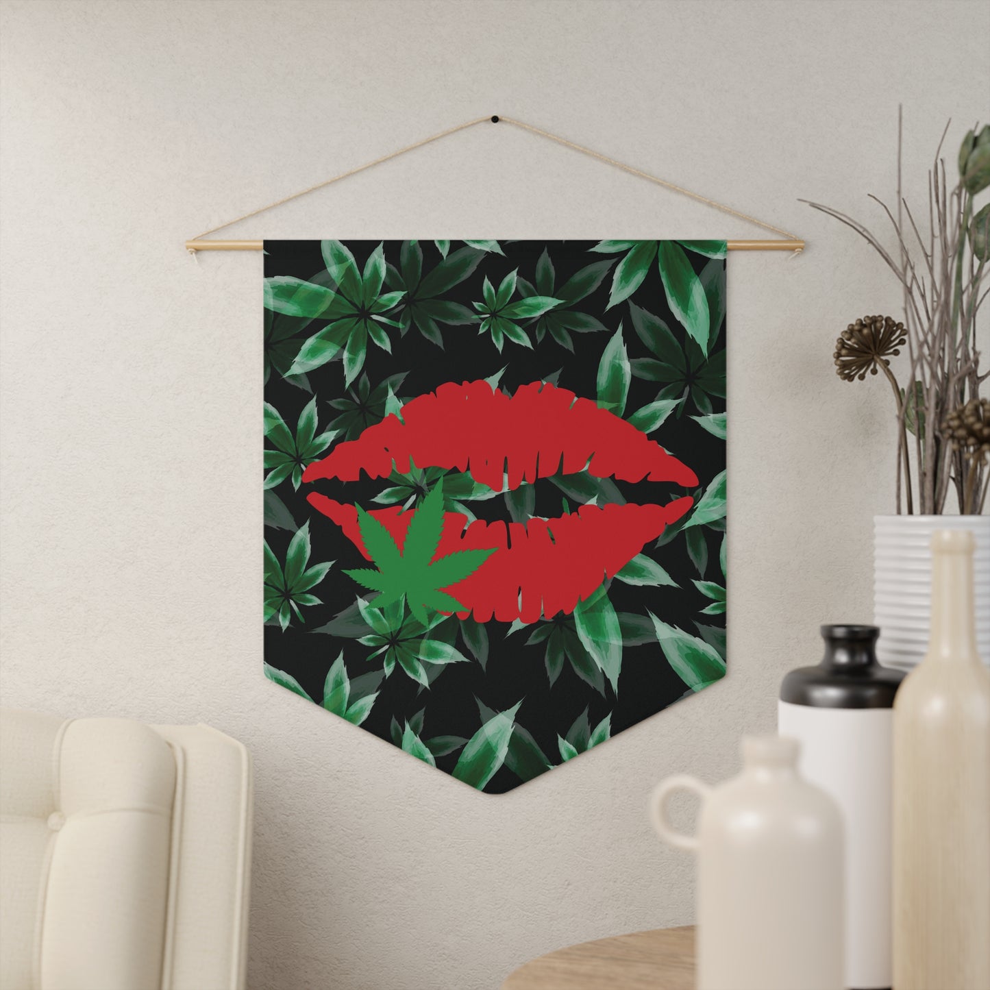 Cannabis Kiss Pennant Wall Banner — Green Leaf Botanical Decor