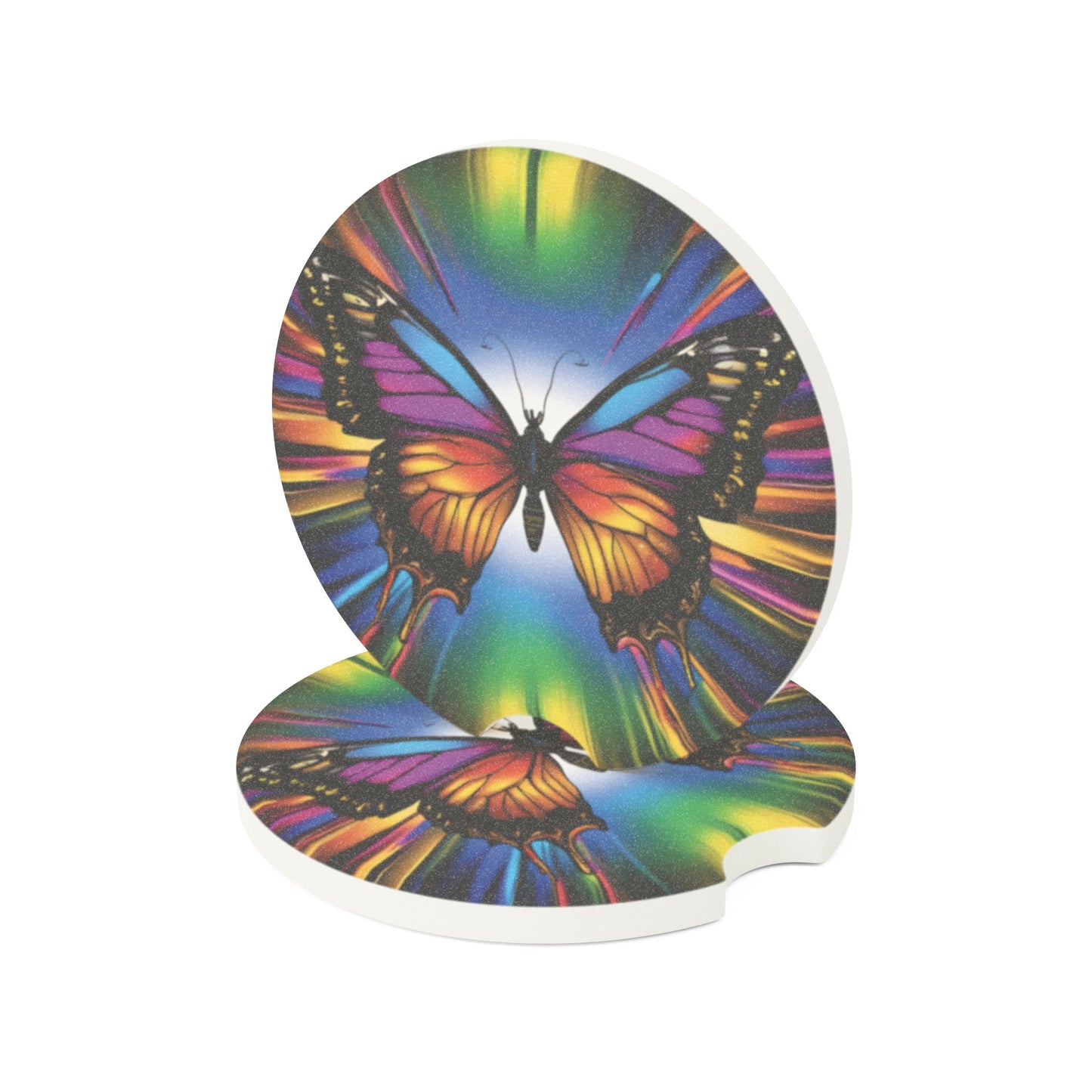 Butterfly Prism Soapstone Car Coaster — Colorful Mandala Auto Cup Holder Protector