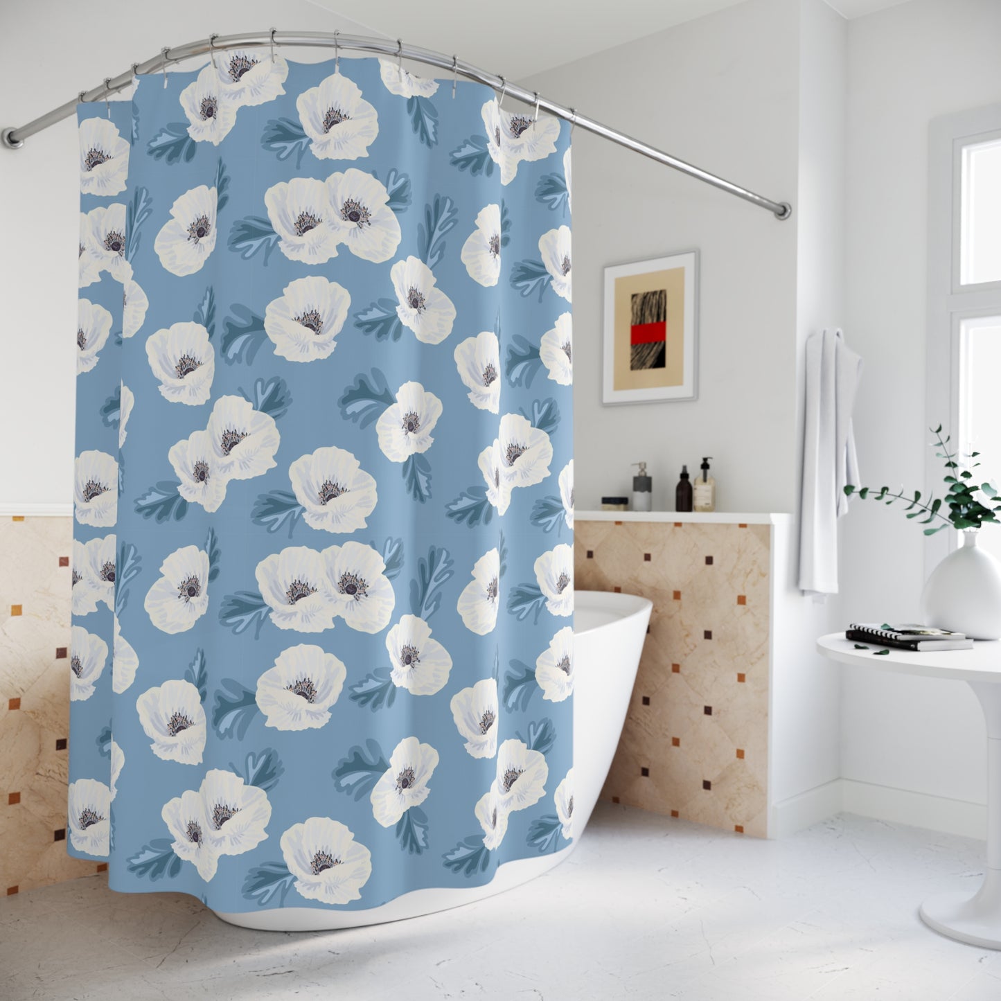 Blue Watercolor Floral Shower Curtain — Botanical Bathroom Decor
