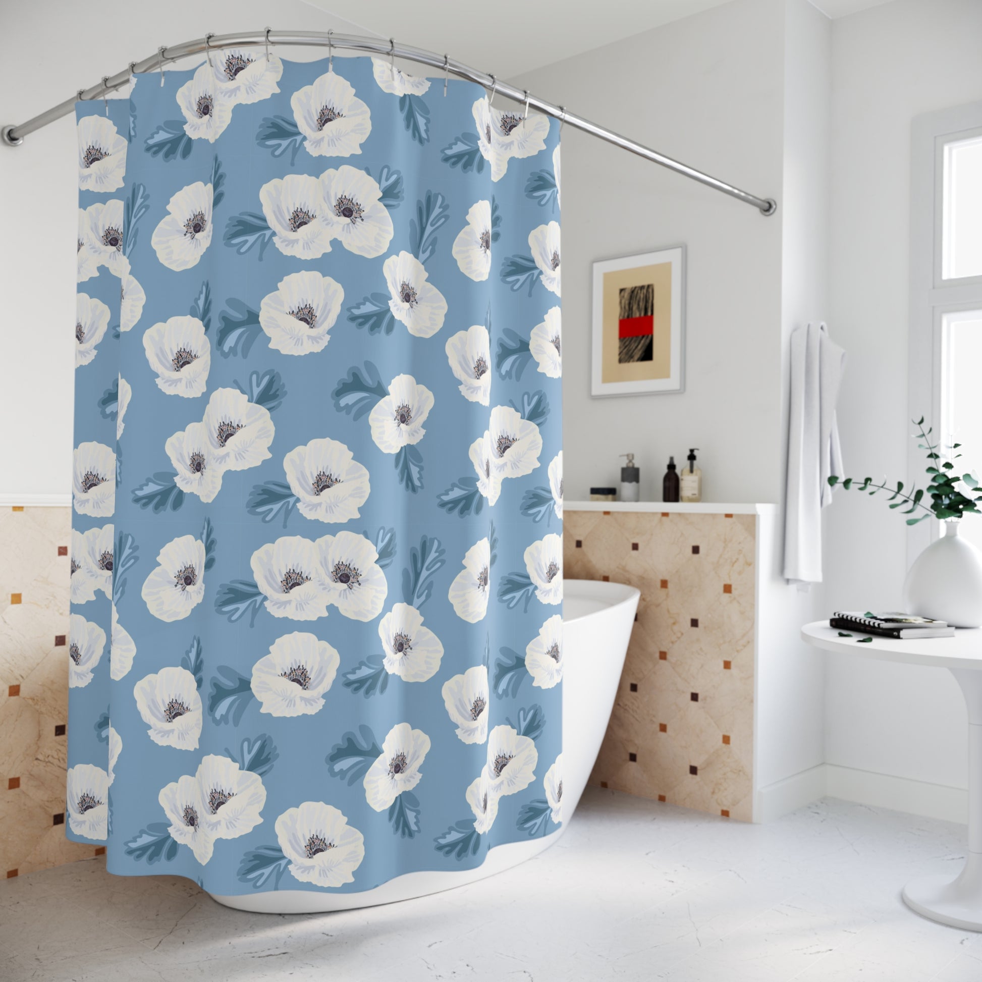 Blue Watercolor Floral Shower Curtain — Botanical Bathroom Decor