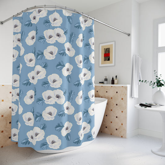 Blue Watercolor Floral Shower Curtain — Botanical Bathroom Decor
