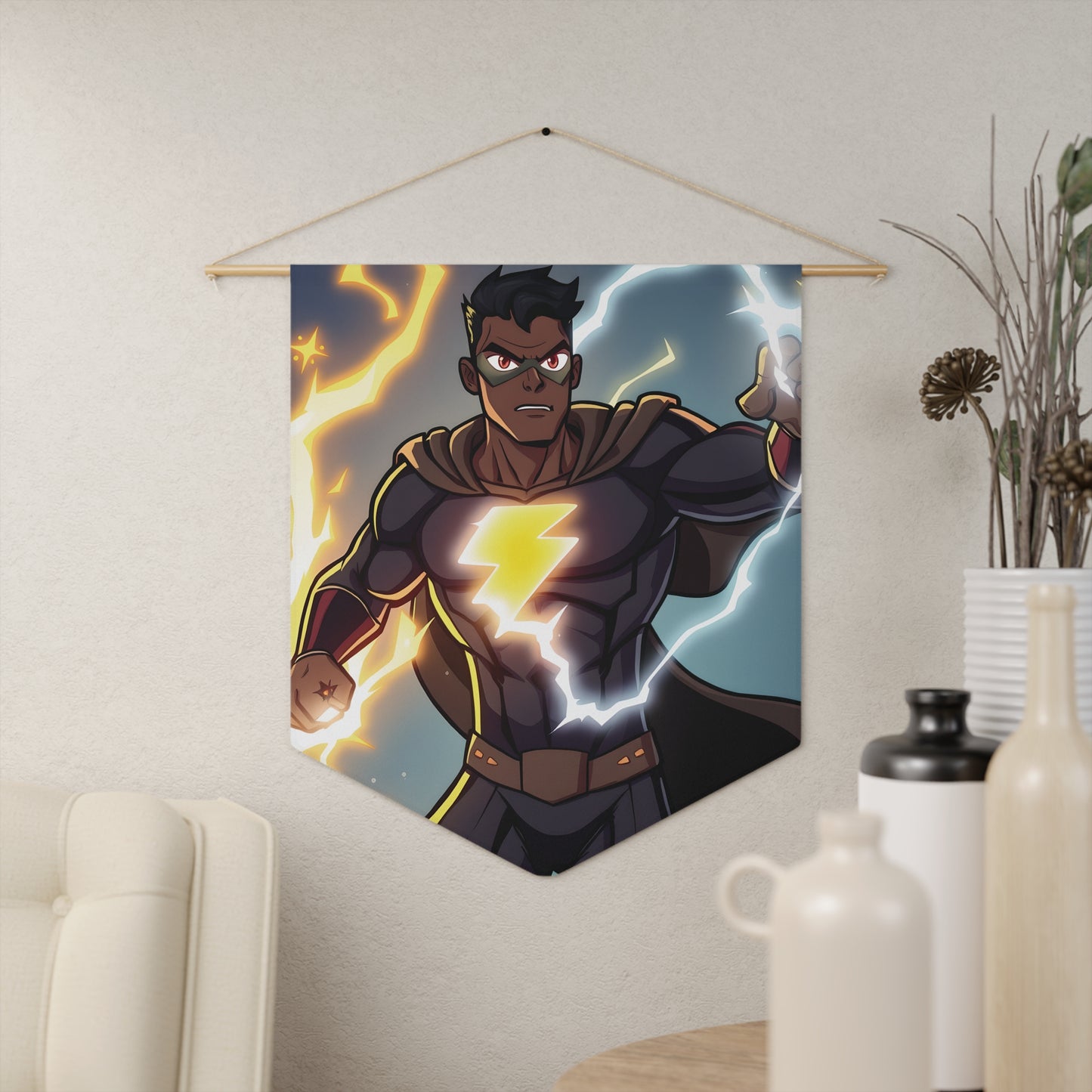 Lightning Hero Pennant — Superhero Wall Banner with Bolt Emblem