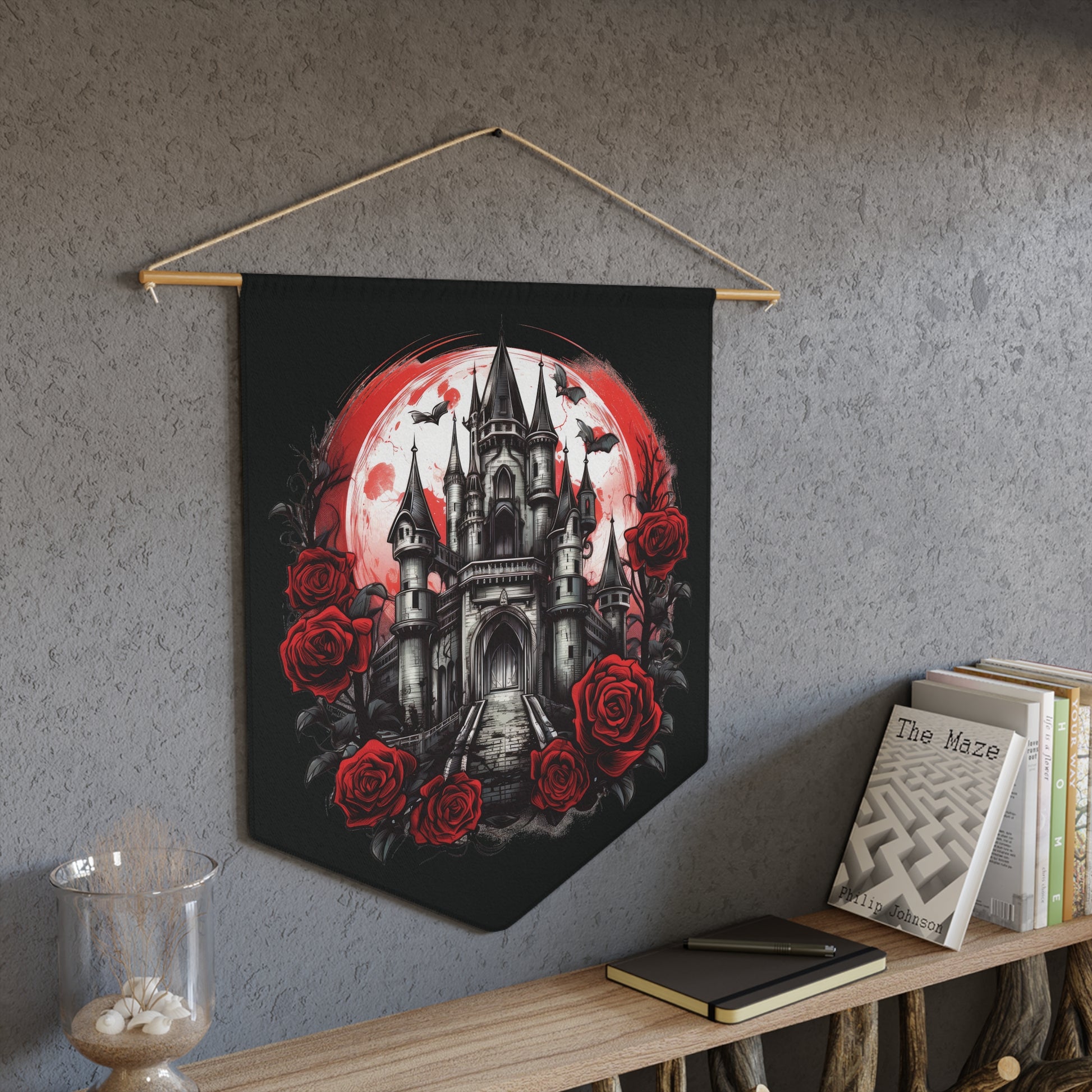 Gothic Castle Pennant — Vampire Moon & Red Roses Wall Flag