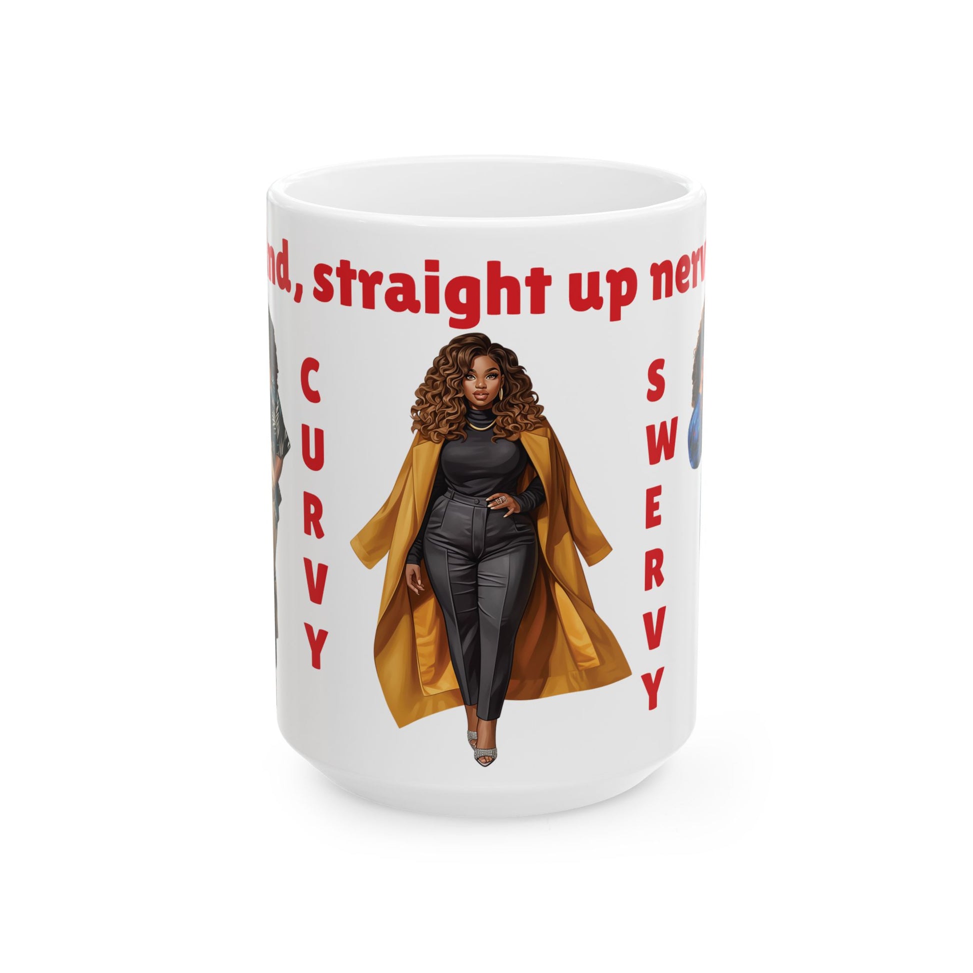 Curvy & Swervy Ceramic Mug — Confident Black Woman Illustration, "Curvy Swervy" Gift (15oz)