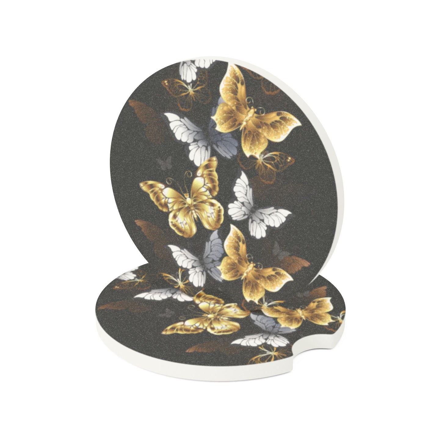Butterfly Soapstone Car Drink Coaster — Gold & White Butterflies on Black