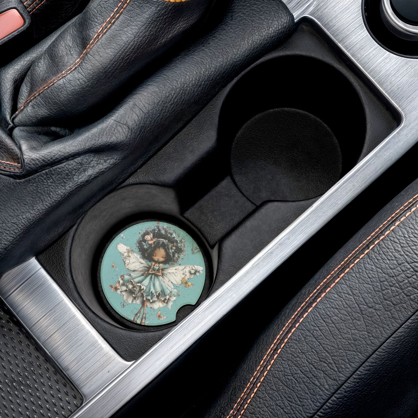 Fairy Girl Soapstone Car Coaster — Cute Black Fairy Illustration Car Cup Holder Mat