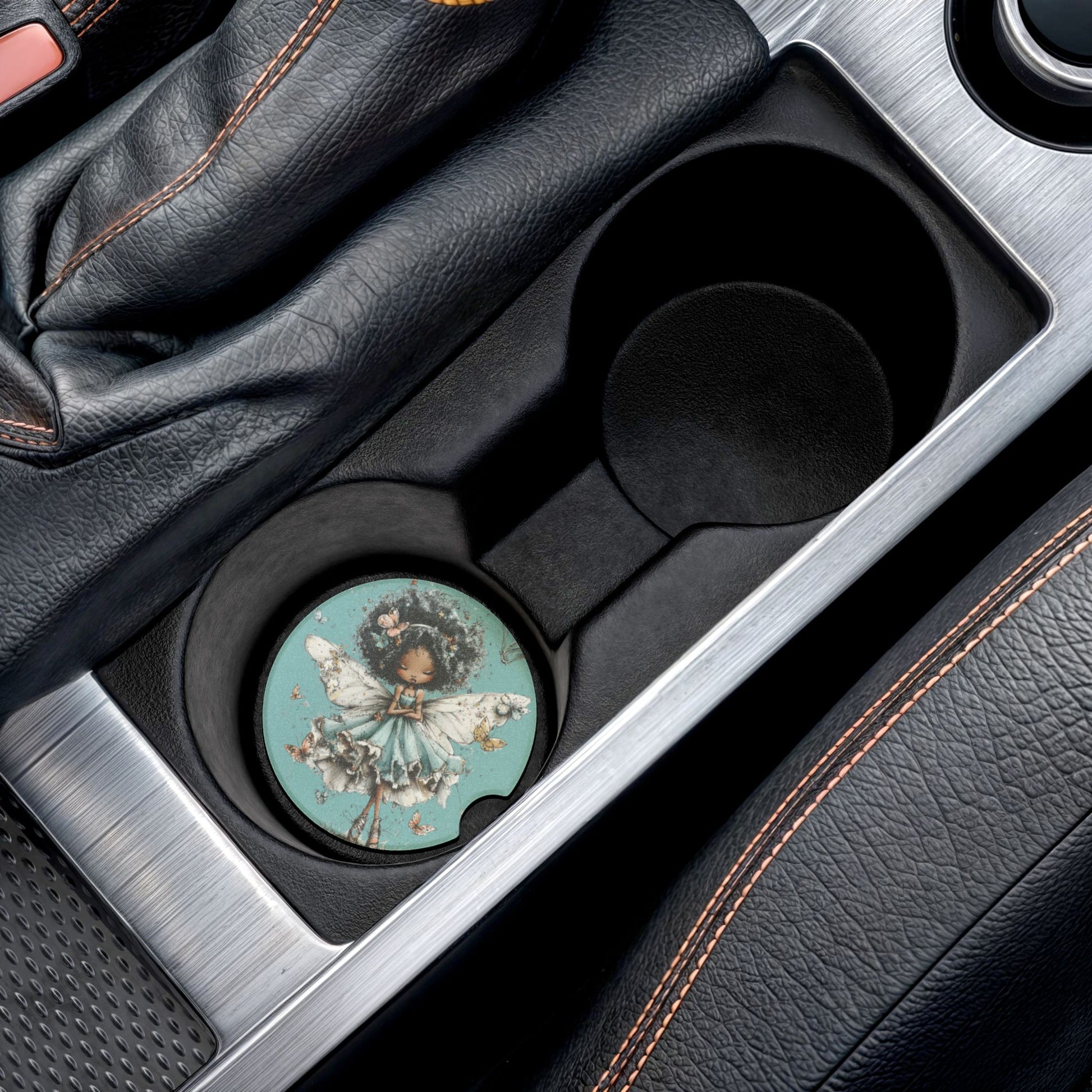Fairy Girl Soapstone Car Coaster — Cute Black Fairy Illustration Car Cup Holder Mat