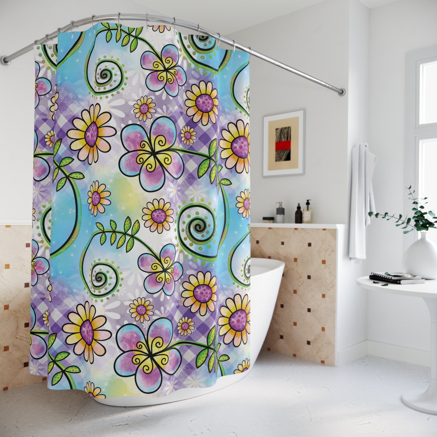 Floral Whimsy Shower Curtain — Bright Daisies & Swirls Bathroom Decor