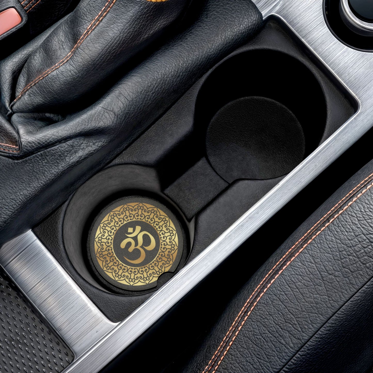 Om Symbol Soapstone Car Coaster — Gold Mandala Cup Holder Insert