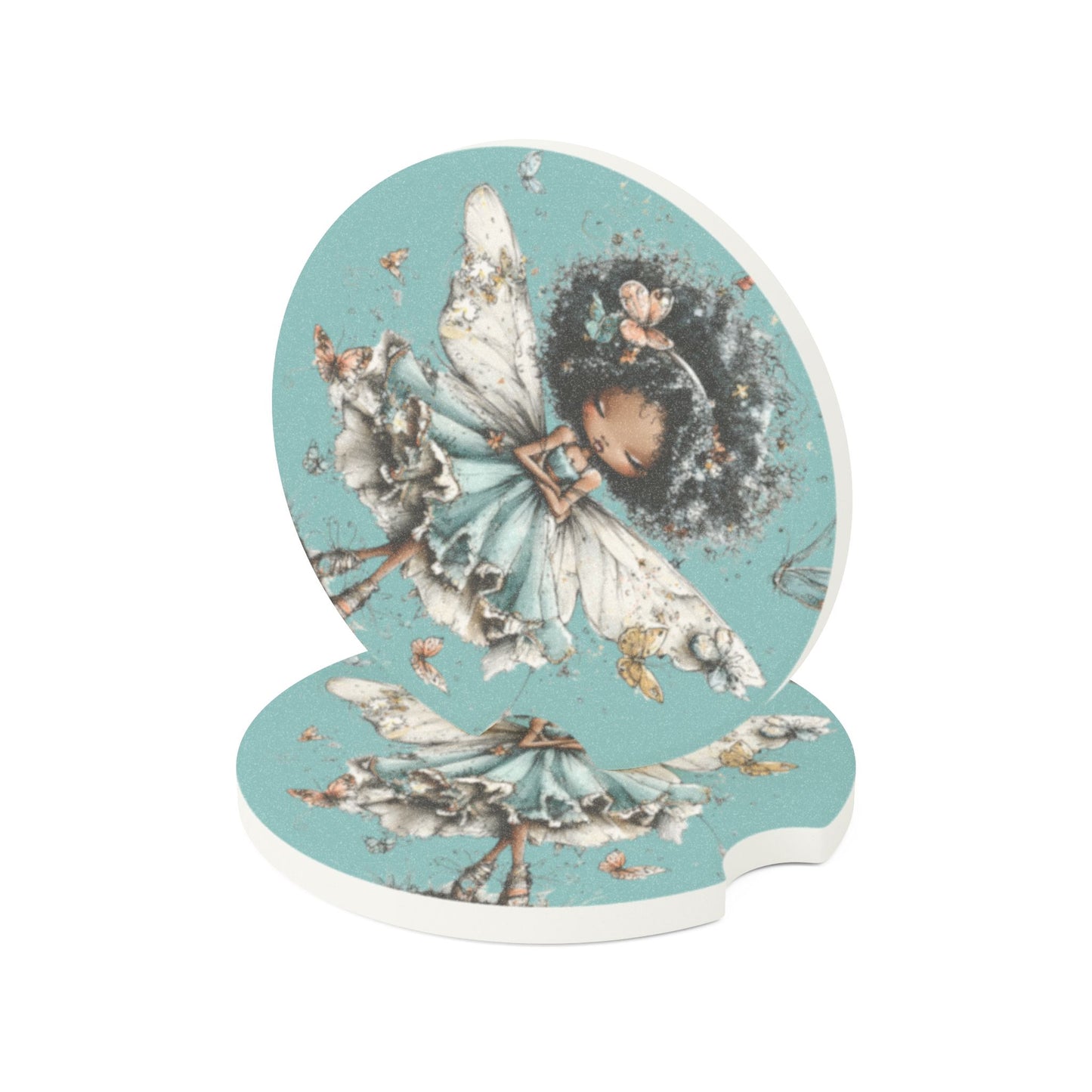 Fairy Girl Soapstone Car Coaster — Cute Black Fairy Illustration Car Cup Holder Mat