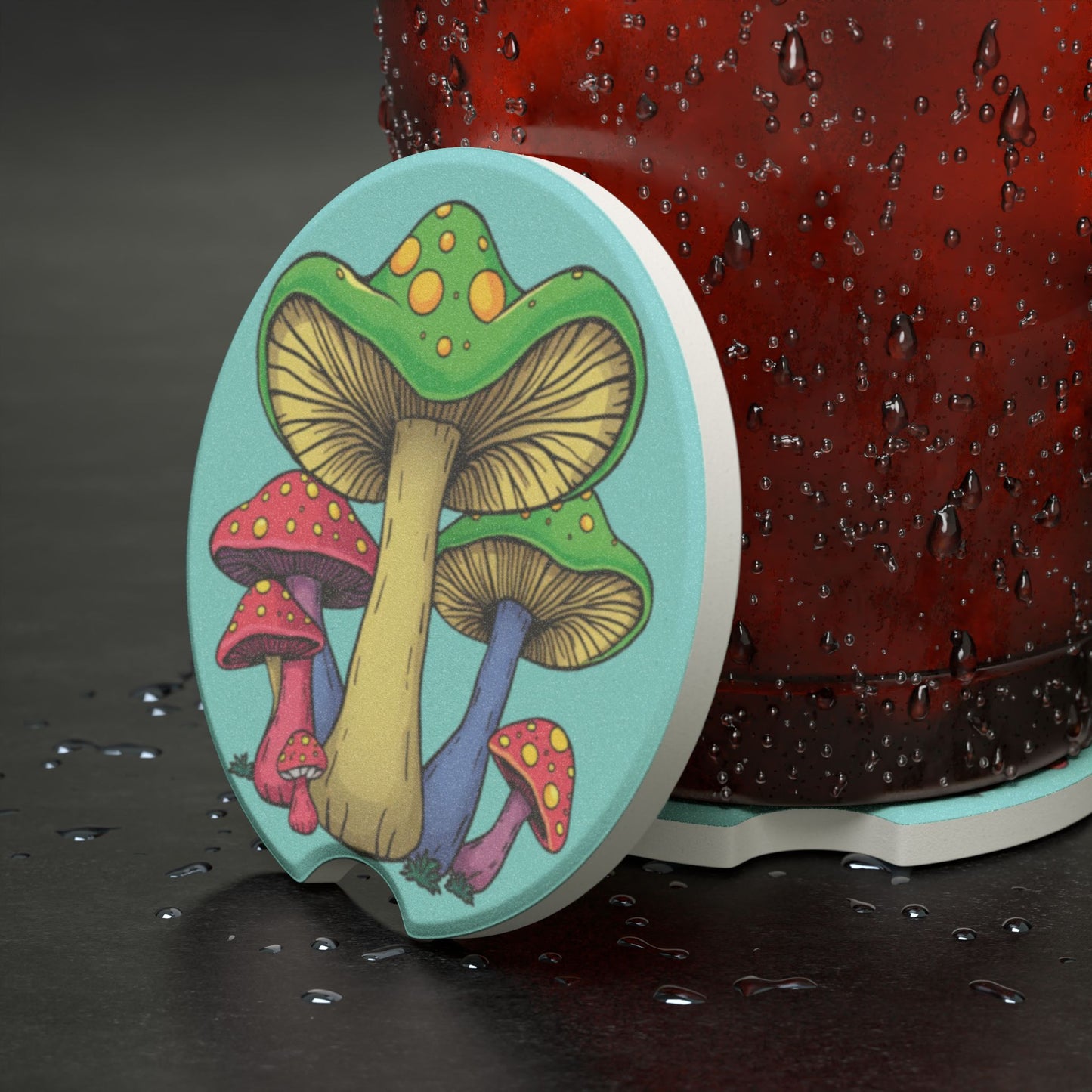 Mushroom Art Soapstone Car Coaster — Colorful Psychedelic Fungi Design