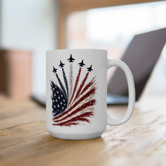 Patriotic Fighter jets Fireworks Mug – American Flag Explosion Coffee Cup (15oz)