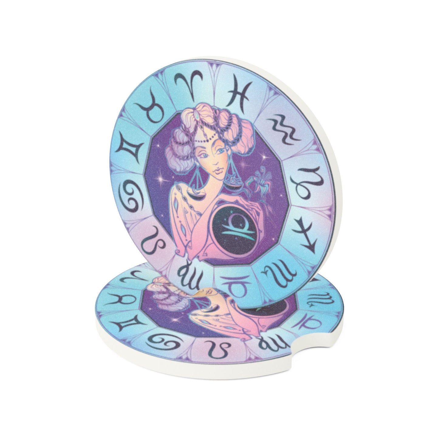Zodiac Libra Soapstone Car Coaster — Astrological Celestial Cup Holder Protector