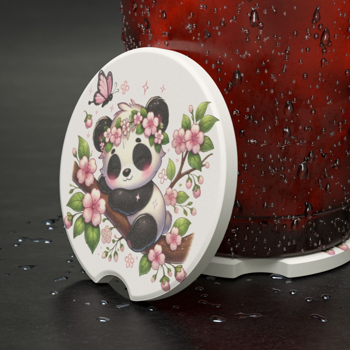 Panda Blossom Car Coaster — Cute Soapstone Cup Holder Insert