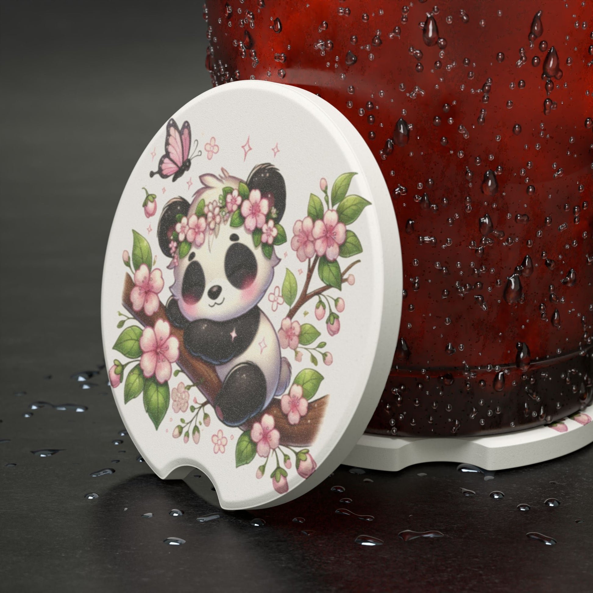 Panda Blossom Car Coaster — Cute Soapstone Cup Holder Insert