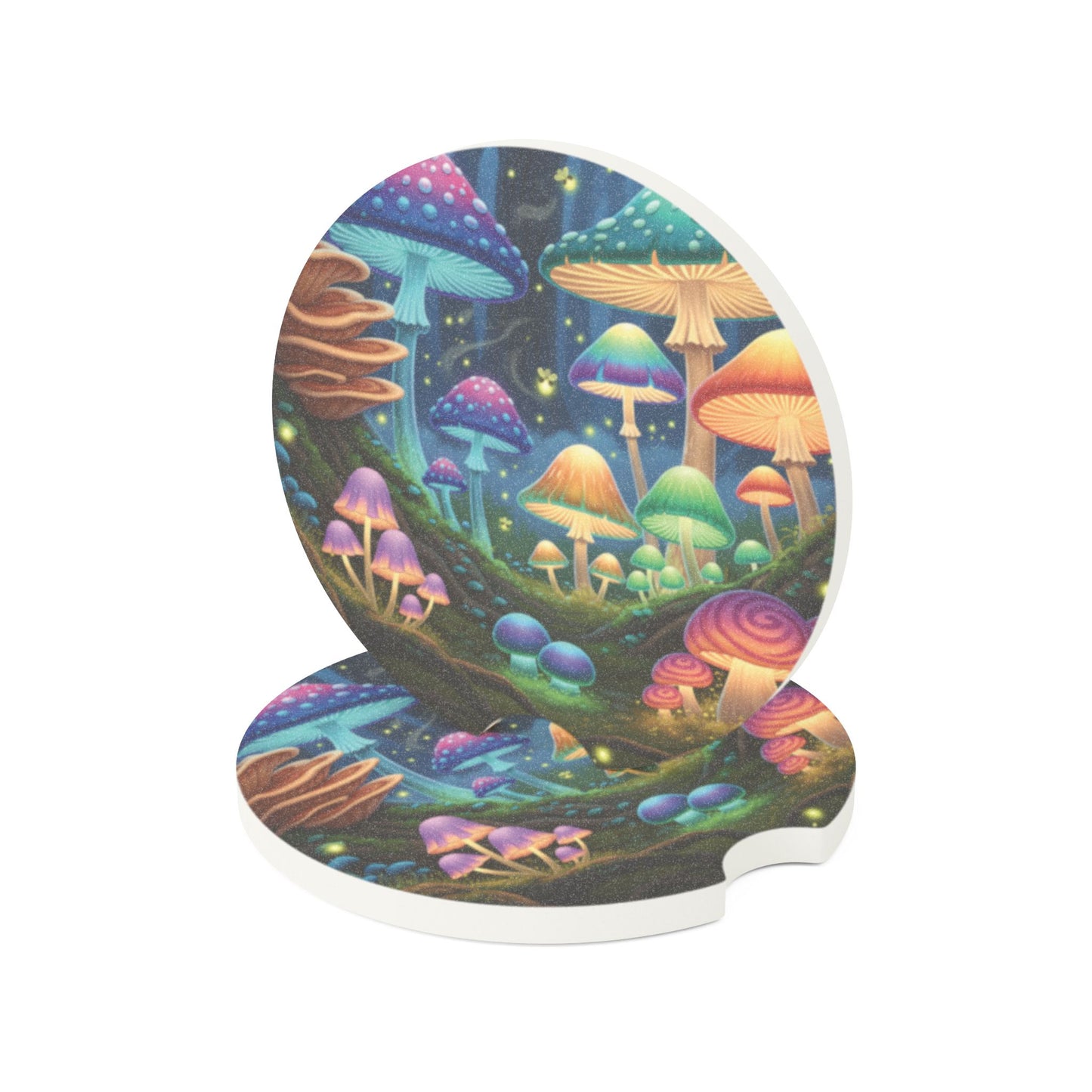 Enchanted Mushroom Forest Soapstone Car Coaster — Colorful Psychedelic Fungi Cup Holder Insert