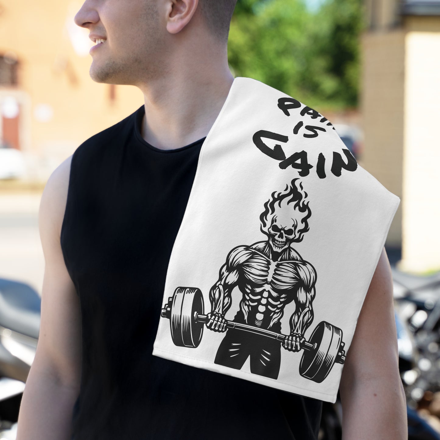 Workout Towel — "Pain Is Gain" Gym Weightlifting Skull Design (11x18)